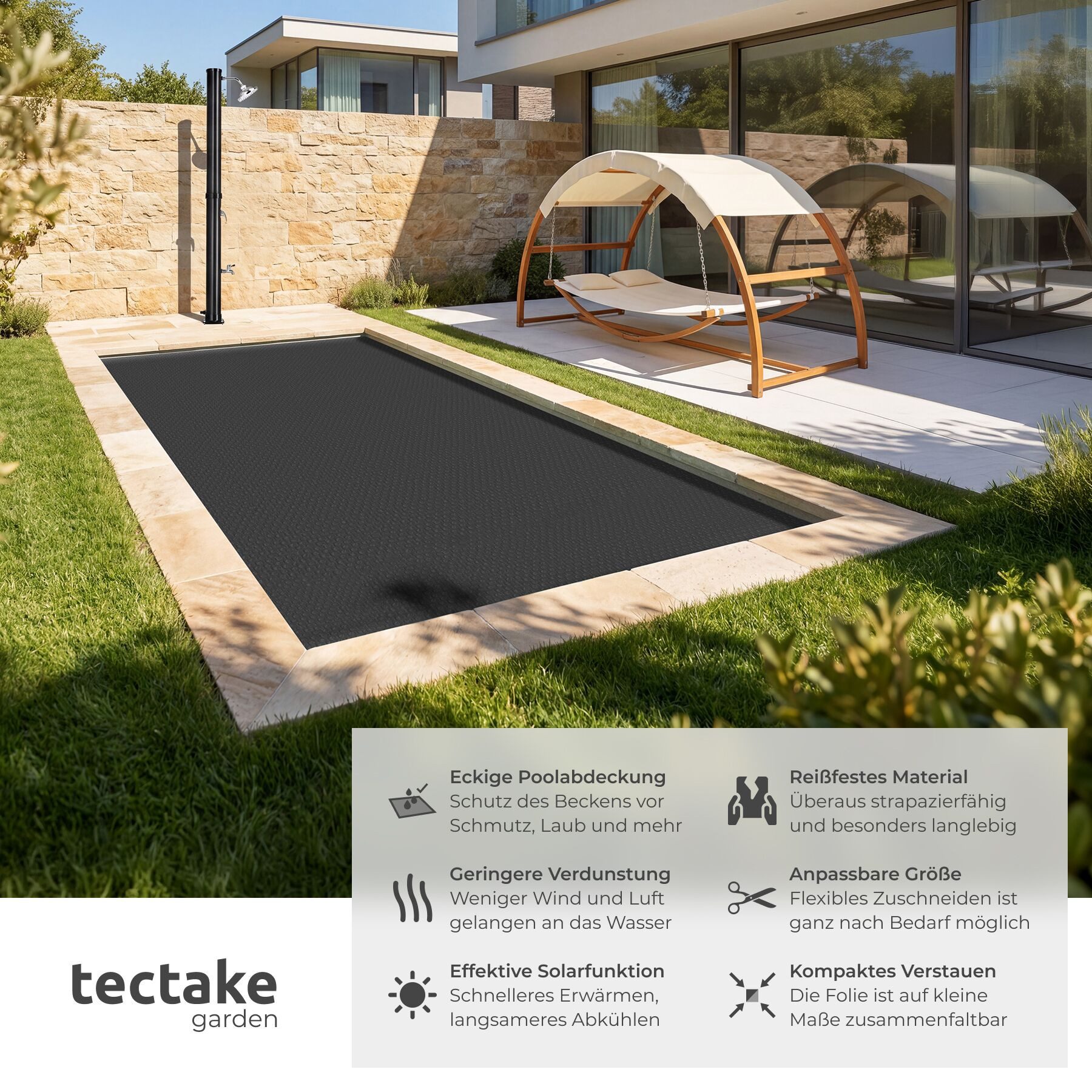 tectake Pool-Abdeckplane Solorientalischdeckung - leichte, zuschneidbare Schutzfolie (Poolabdeckung, in schwarz), Effiziente Wassererwärmung durch Solarfolie