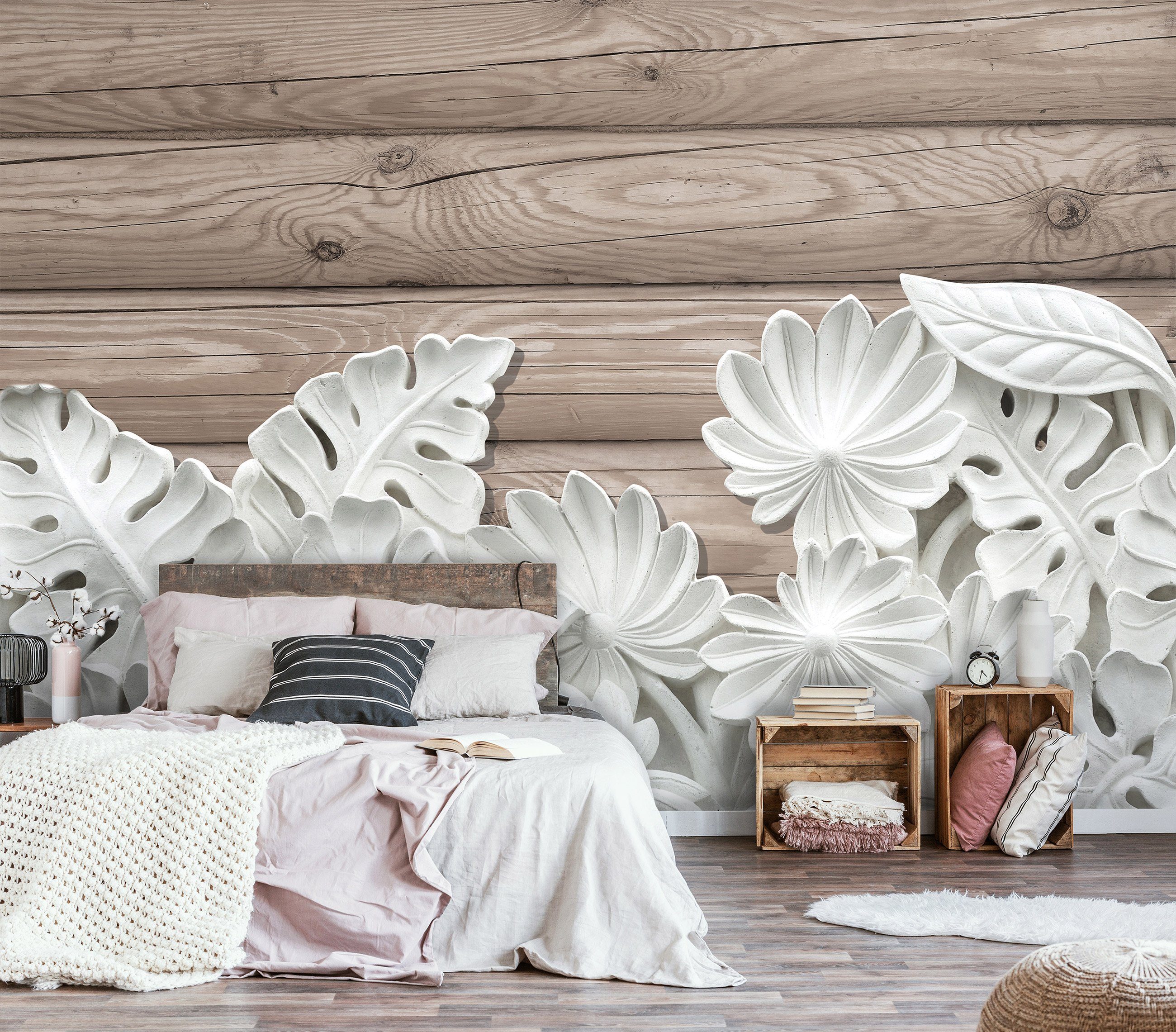 Wallarena Fototapete Holz Blumen Beton Vlies Tapete Wohnzimmer Schlafzimmer günstig online kaufen