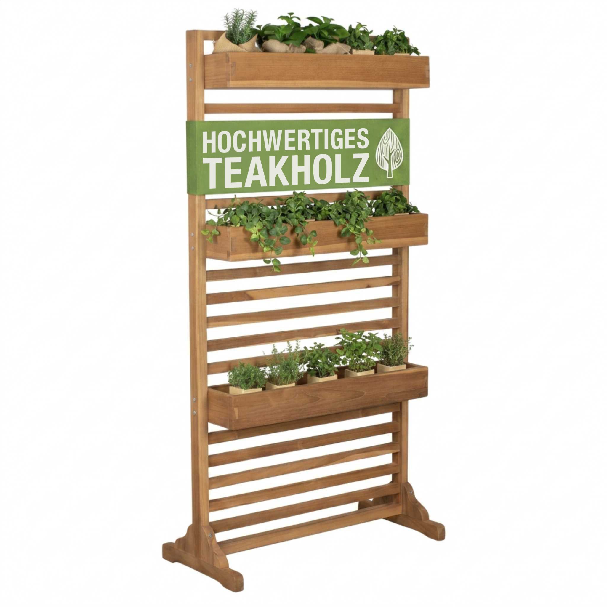 MR.DEKO Hochbeet Sichtschutz Pflanzspalier Holmer Teak Balkon Garten, Balkon Sichtschutz aus Teak mit 3 Pflanzkästen für Garten & Terrasse