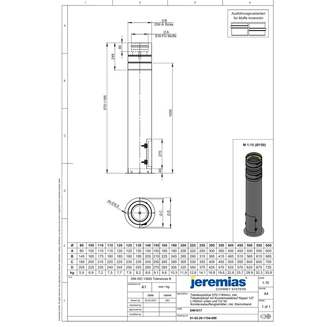 Jeremias Schornstein DW-FU Ø200mm Teleskopstütze 610-1190mm m. Teleskopkopf, Kondensat +, Ø 200 mm