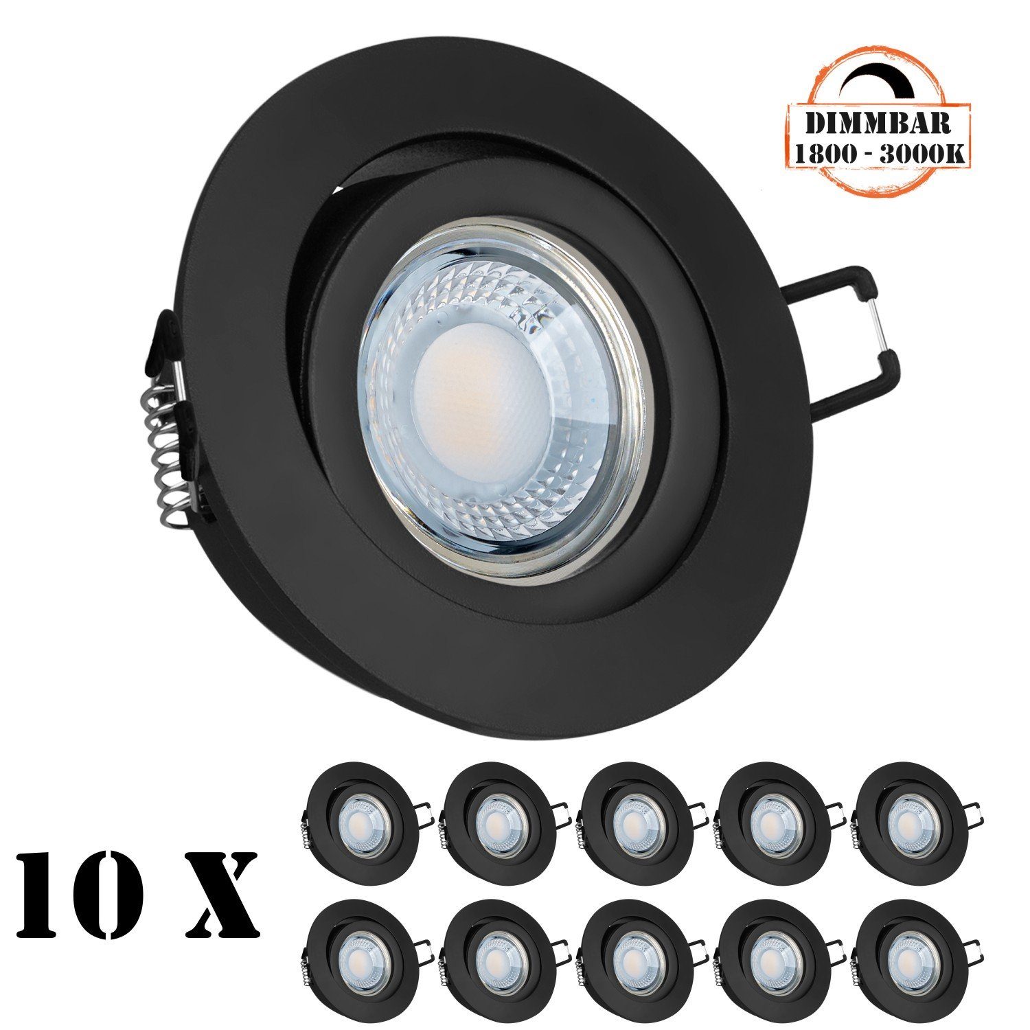 LEDANDO LED Einbaustrahler 10er LED Einbaustrahler Set extra flach in schwarz matt mit 5W LED von