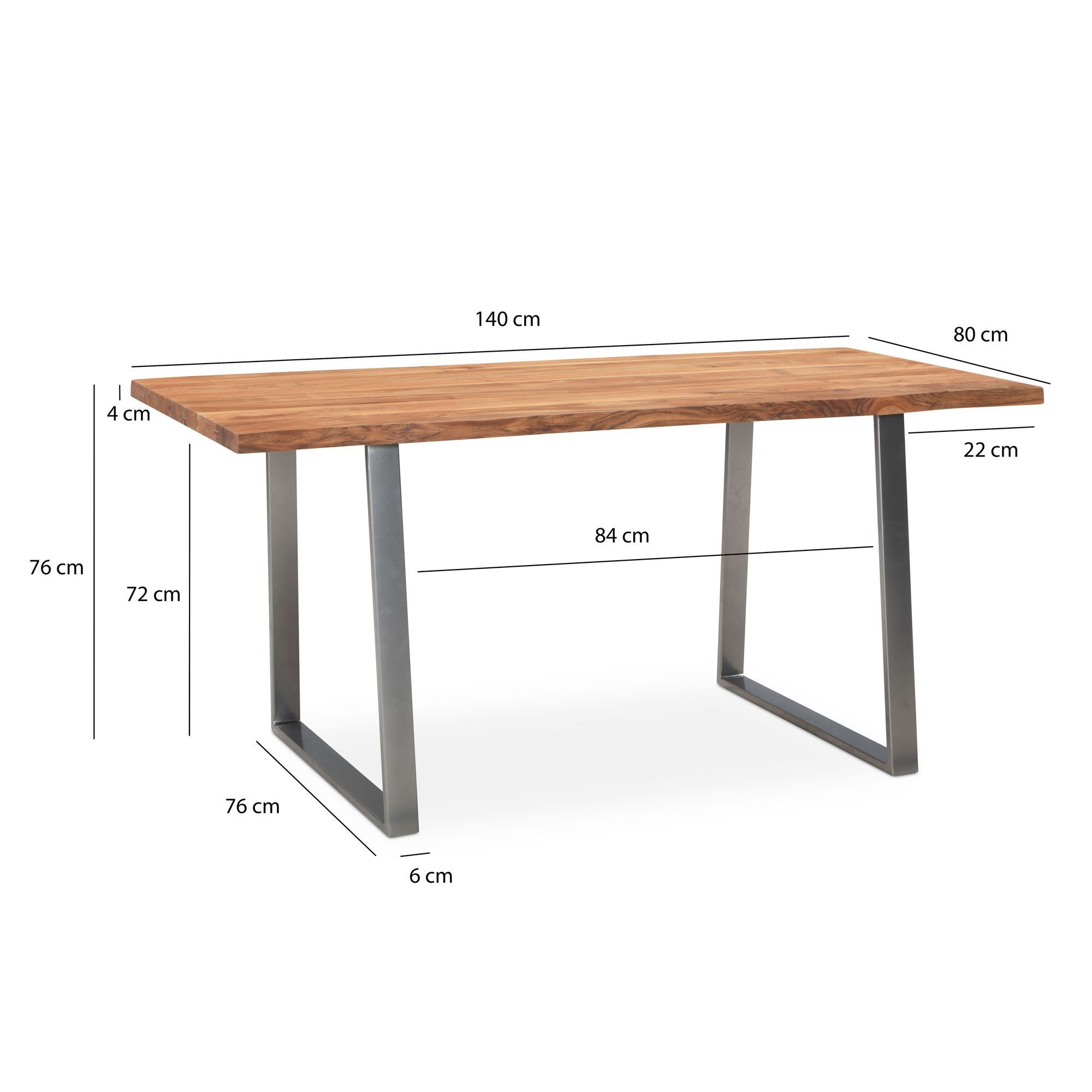 FINEBUY Schreibtisch FB68339 Akazie Massivholz Metall Bürotisch Computertisch (Baumkante Modern, 140x80x76 cm Akazie Massivholz), Bürotisch Trapezbeine, Computertisch Home Office