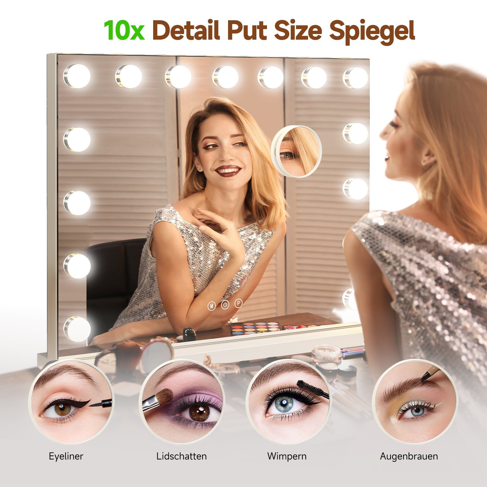 Dripex Schminkspiegel Hollywood Schminkspiegel mit 15/14 LED, für Make-up, 3 Farblichter