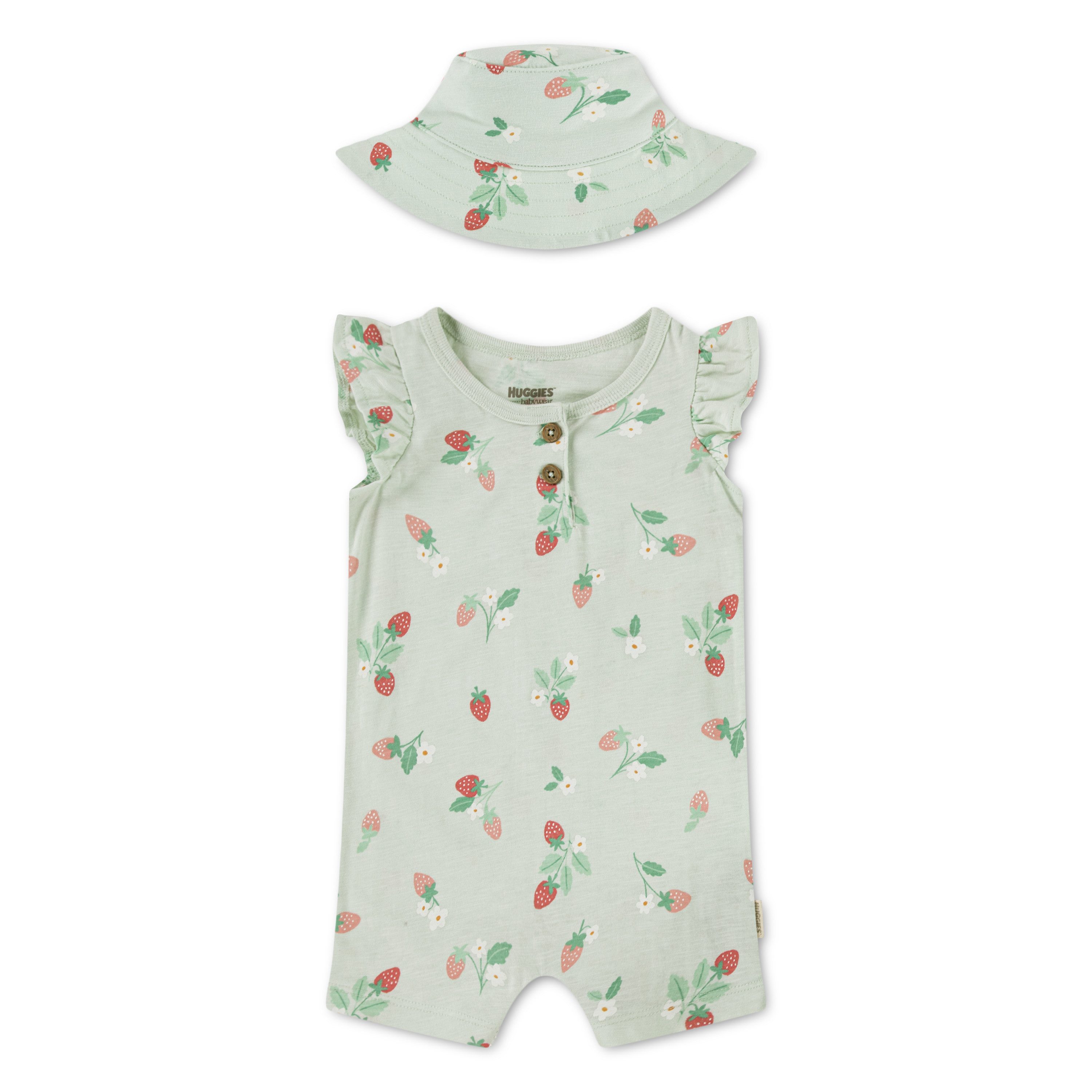 HUGGIES babywear Neugeborenen-Geschenkset HUGG ROMPER + HAT ATTACHMENT (Set, 2-tlg) mit passendem Sonnenhut und Erdbeerprint
