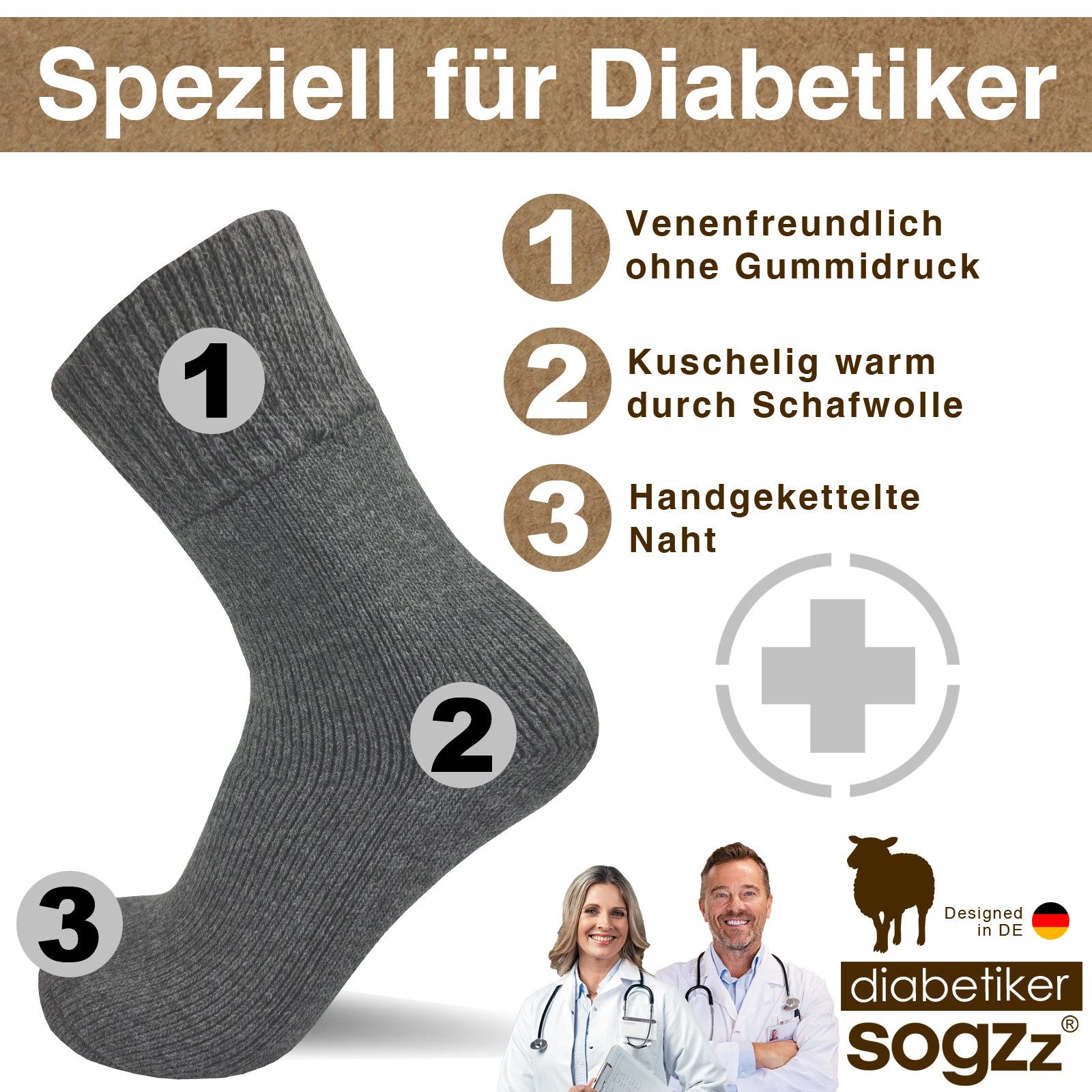 sogzz Diabetikersocken 2 Paar warme Wintersocken aus Premium Schafwolle, Herren Damen Winter (Socken Wolle - Diabetic Winter FX PRO, 2-Paar)