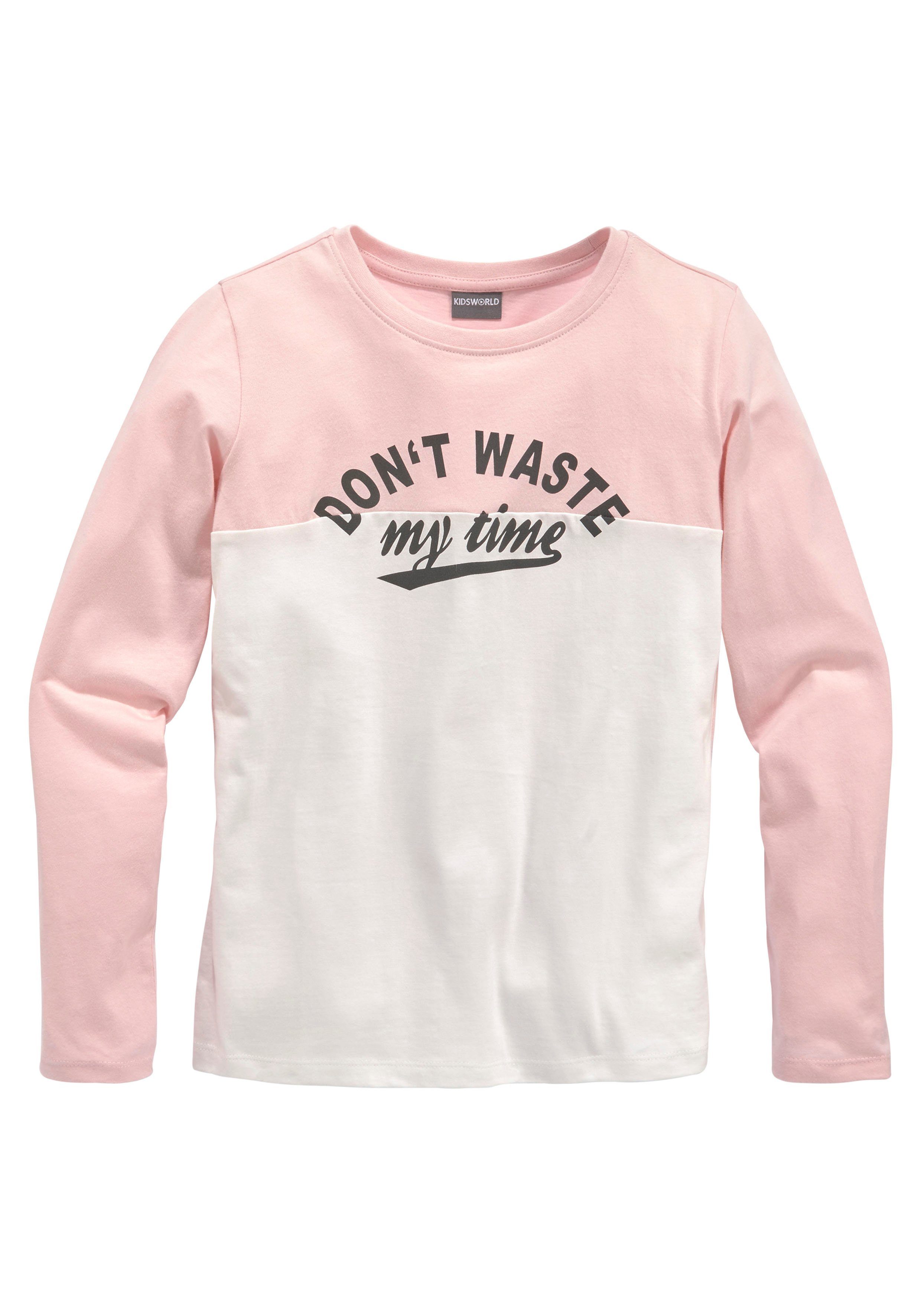 KIDSWORLD Langarmshirt Mit Sprüche-Druck: Don´t waste my time Langarm, Basic-Passform, Colourblocking-Optik, Rundhalsausschnitt. Reduzierter Preis € 11,19. Unverbindliche Preisempfehlung € 15,99, (€ 11,19 pro 1 Stk)