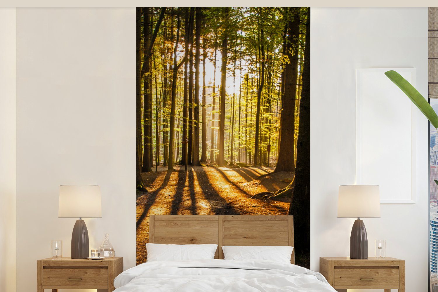MuchoWow Fototapete Sonne - Bäume - Wald - Landschaft - Natur, Matt, bedruckt, (2 St), Vliestapete für Wohnzimmer Schlafzimmer Küche, Fototapete