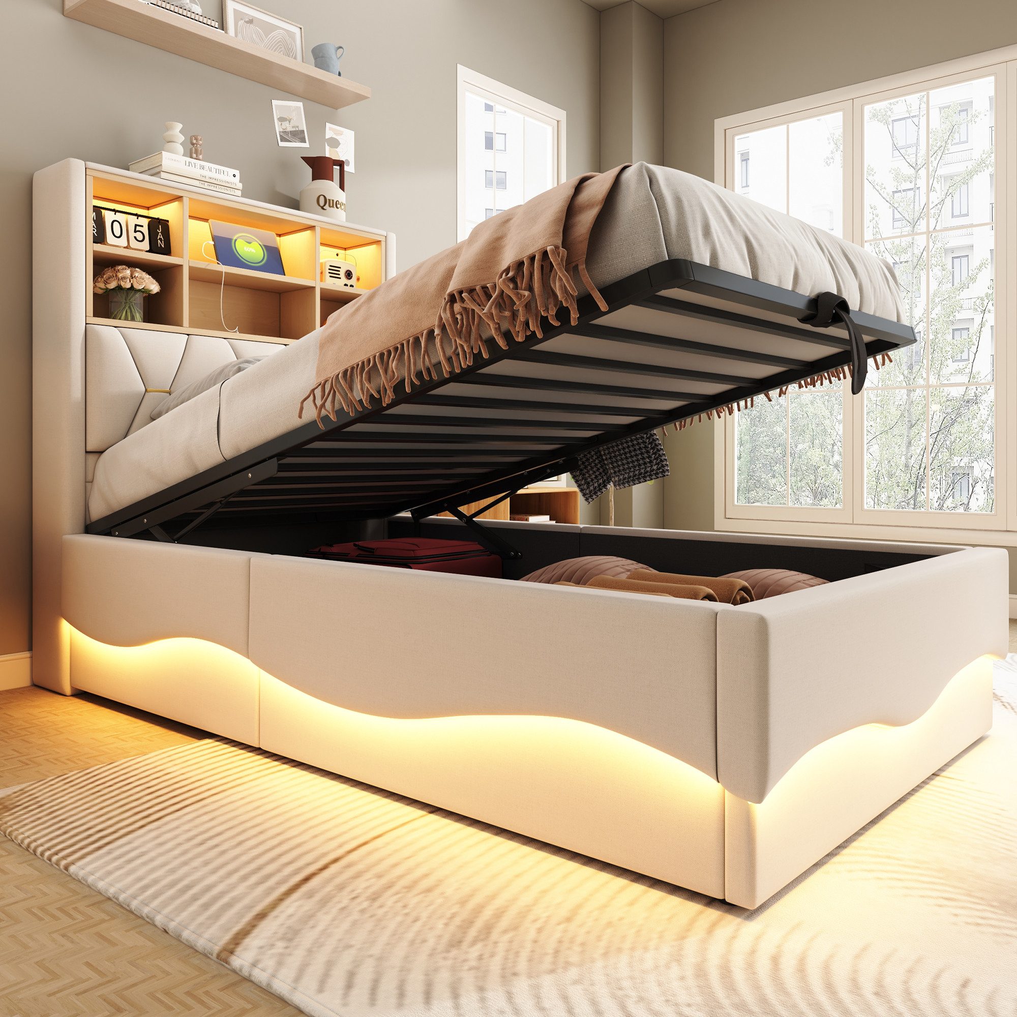 HAUSS SPOLE Polsterbett 90×200 mit hydraulischem Stauraum, LED-Licht, Beige günstig online kaufen