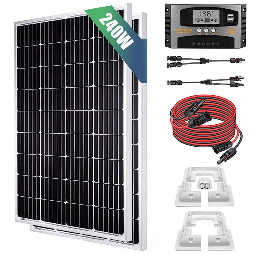 Rhein Beleuchtung Solarmodul 240W 12V Solar Komplettset Plug & Play für Dach Wohnmobil Boot, 240 W, Monokristallin, (1-St., Inkl. Y-Kabel MC4 Stecker Alu Rahmen schwarz spritzwassergeschützt), 2x120W Halbzellen IP65 wasserdicht 40A MPPT Regler hohe Leistung