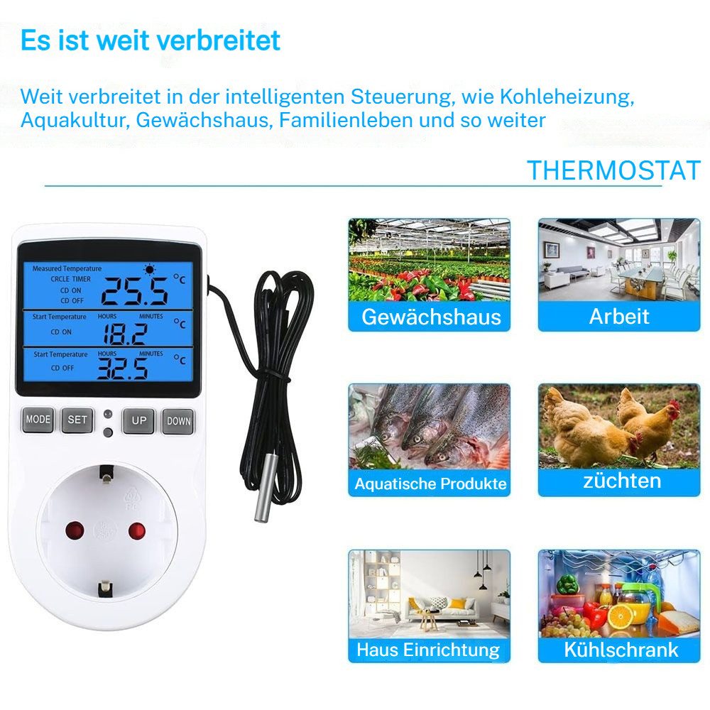 PRIISF Raumthermometer Raumthermostat Steckdosen-Thermostat programmierbar von -40℃~120℃ 230V, mit Temperaturfühler Thermodetektor Sensor, LCD Display mit Statusanzeige, Temperaturregler Steckdose Digitalanzeige Thermostat für Heizkühlung