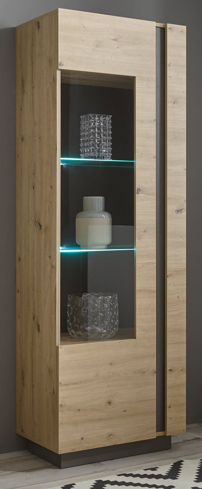 Furn.Design Stauraumvitrine Louna x mit 194 Eiche Soft-Close (Vitrinenschrank 60 und grau, Artisan cm)