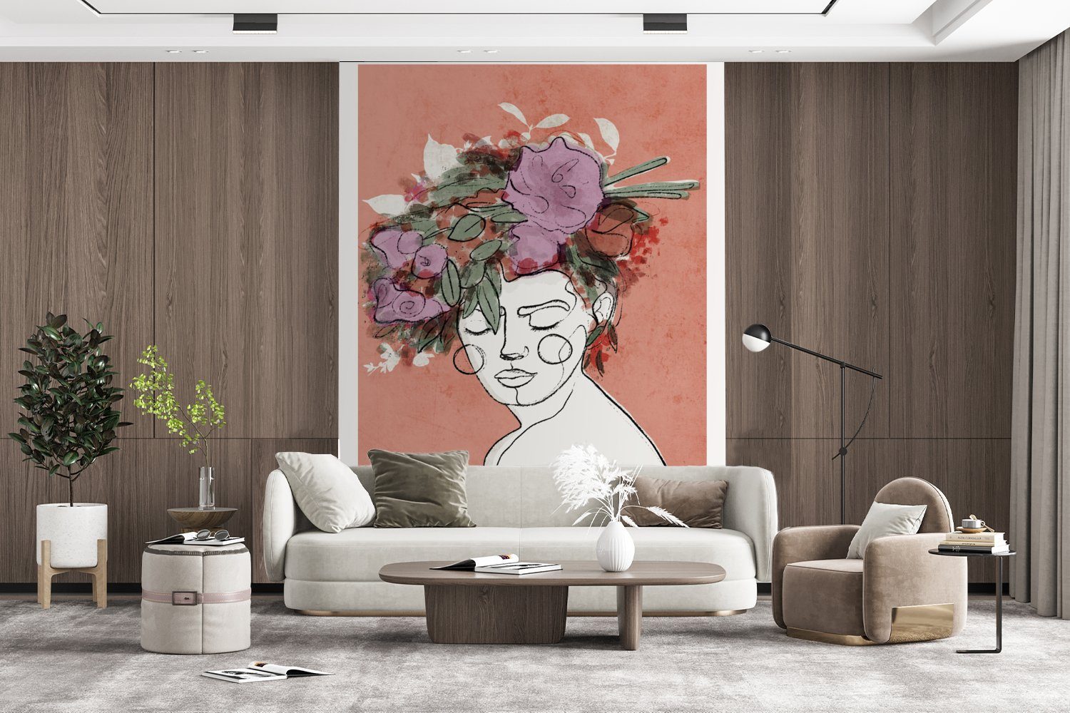 Wandtapete Fototapete Blumen Wohnzimmer, Porträt MuchoWow Matt, St), - - - Frau bedruckt, Tapete für Pastell, (4 Vinyl Montagefertig