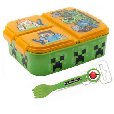 Minecraft Lunchbox Minecraft Kinder Set Brotdose 3 separate Fächer, Gabel, Löffel, Kunststoff, (3-tlg)