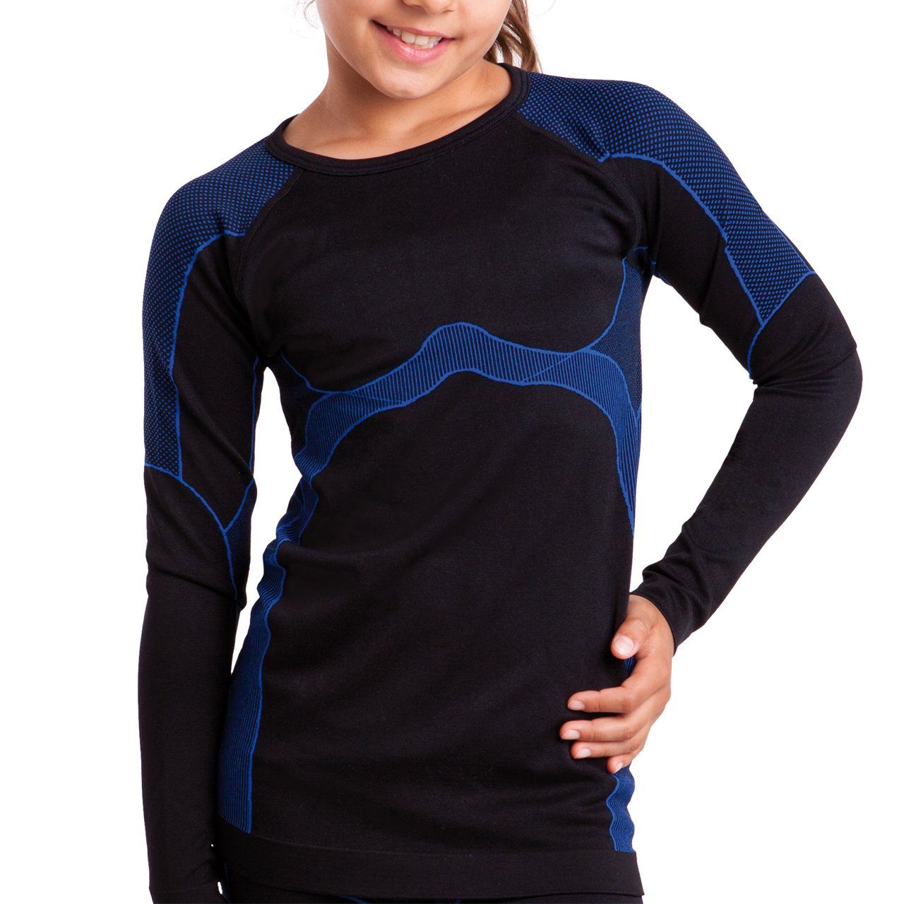 Gomati Thermounterhemd Kinder Ski Thermo Funktionswäsche Unterhemd langarm Seamless Schwarz / Blau