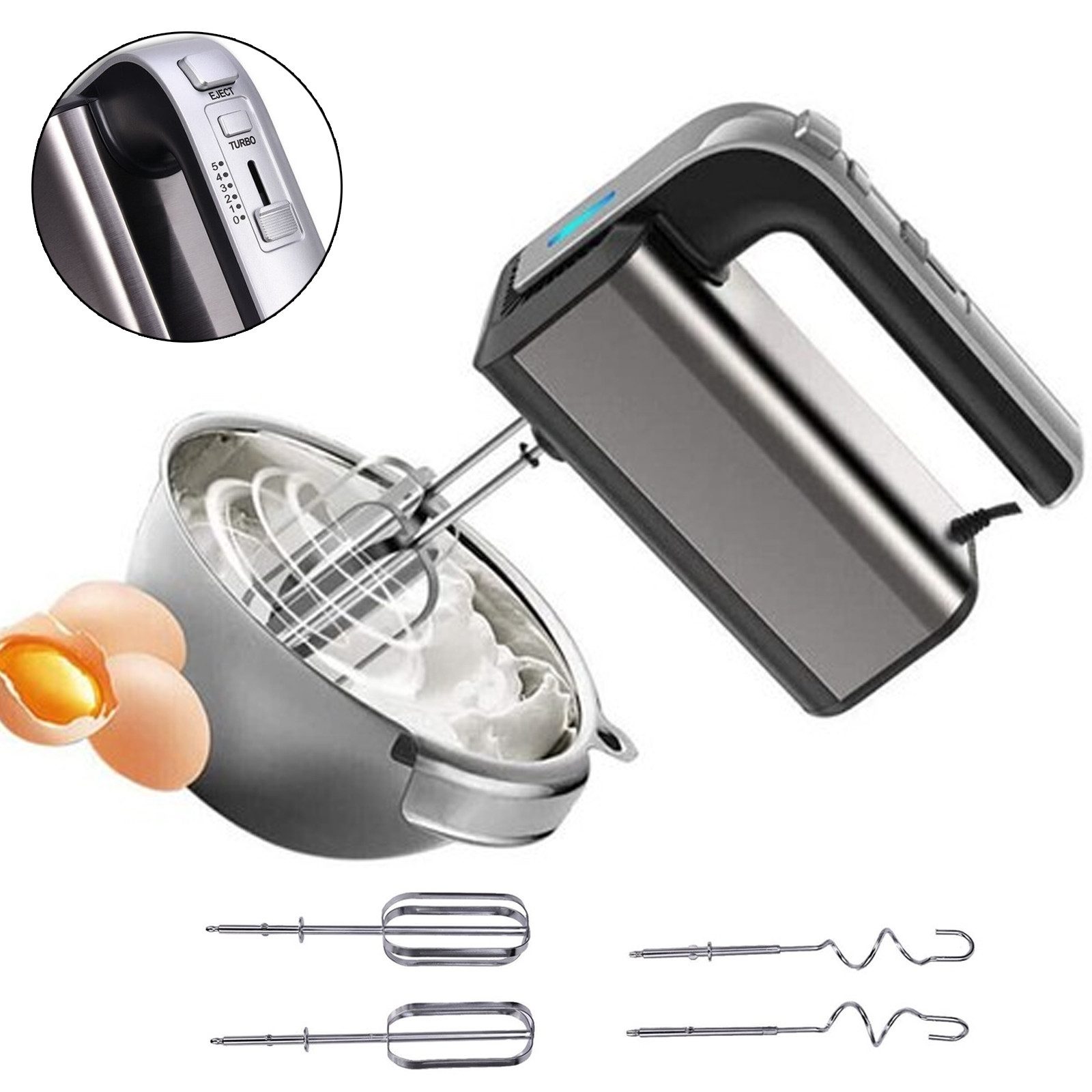 XIIW Handmixer 800W Elektrischer Handrührgerät mit 5 Stufen Turbo Boost für Eier Teig, 800 W, 304 Edelstahl mit 2 Rührbesen und 2 Knethaken