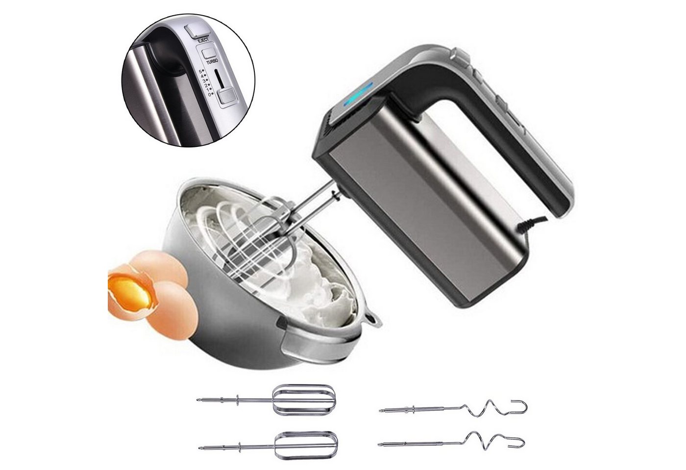 XIIW Handmixer 800W Elektrischer Handrührgerät mit 5 Stufen Turbo Boost für Eier Teig, 800 W, 304 Edelstahl mit 2 Rührbesen und 2 Knethaken