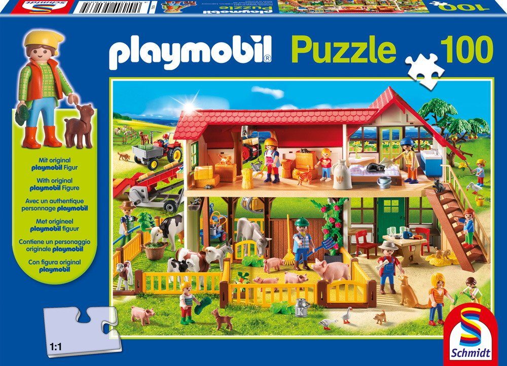 Schmidt Spiele Puzzle 100 Teile Kinder Puzzle Playmobil Bauernhof mit Figur 56163, 100 Puzzleteile