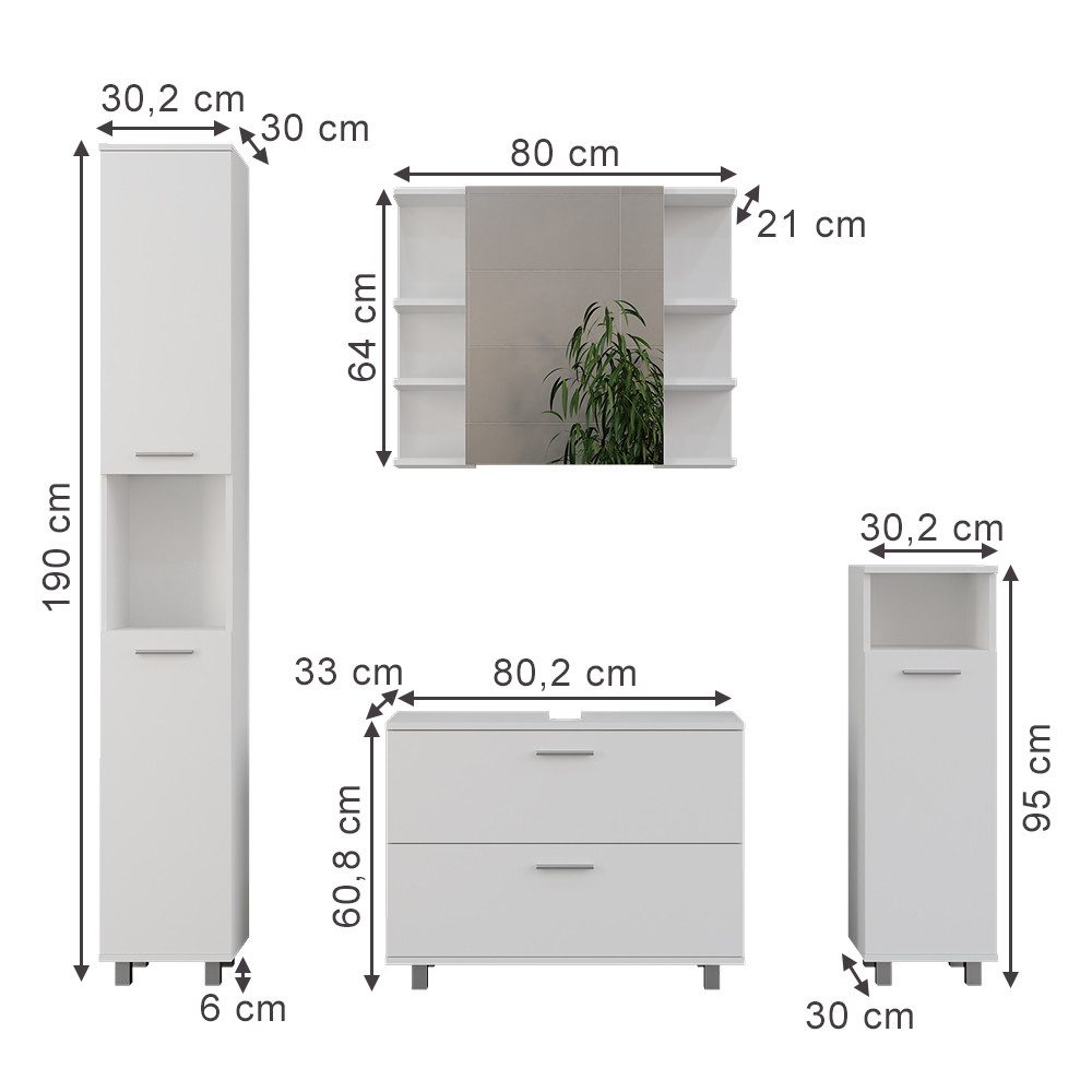 Vicco Badmöbel-Set Ilias, Weiß, 4 Teile, (4-St., 4er Set)