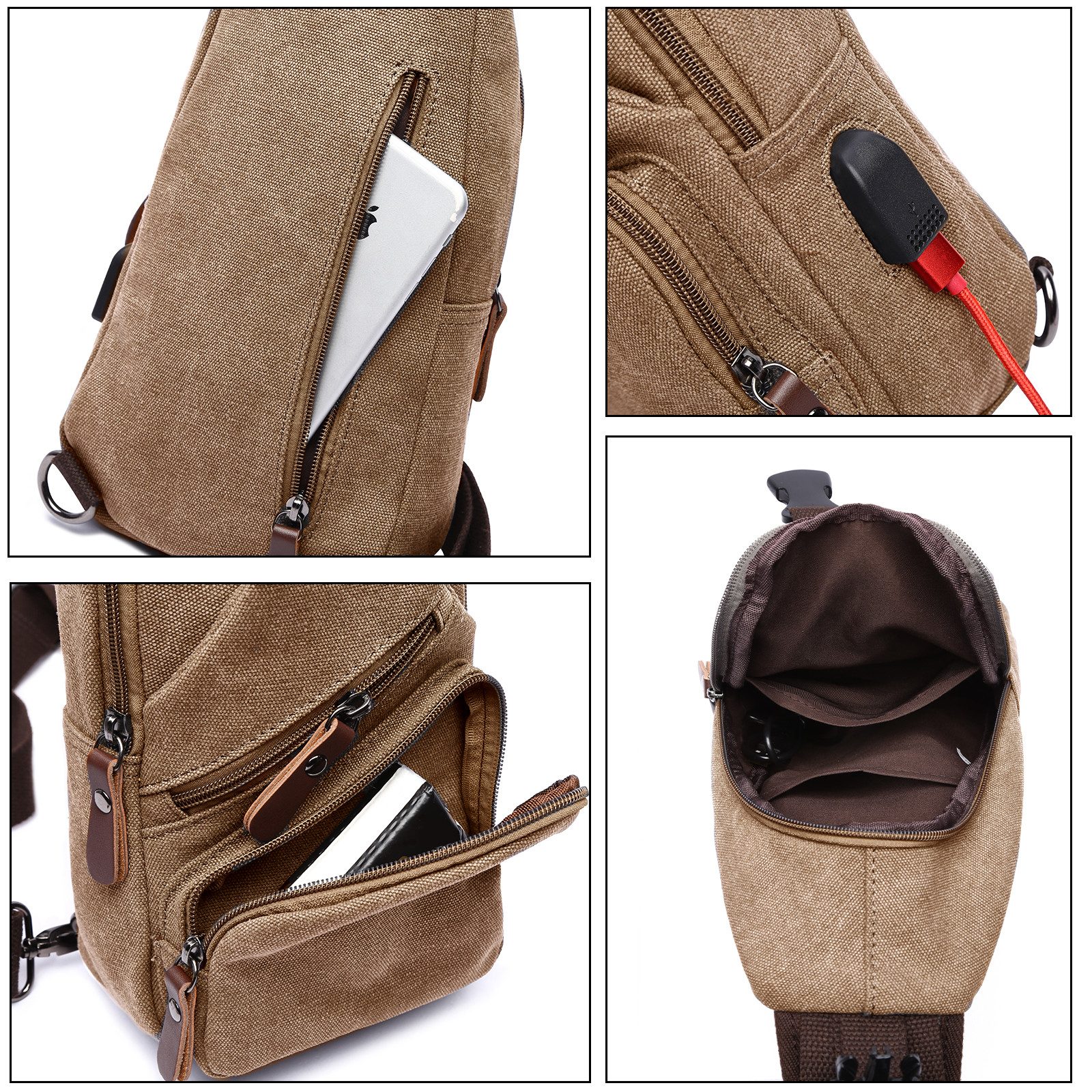 TAN.TOMI Umhängetasche Brusttasche Herren, Schultertasche Herren und Damen mit USB-Aufladung, Brusttasche, Canvas Brusttasche mit Verstellbaren Schultergurten