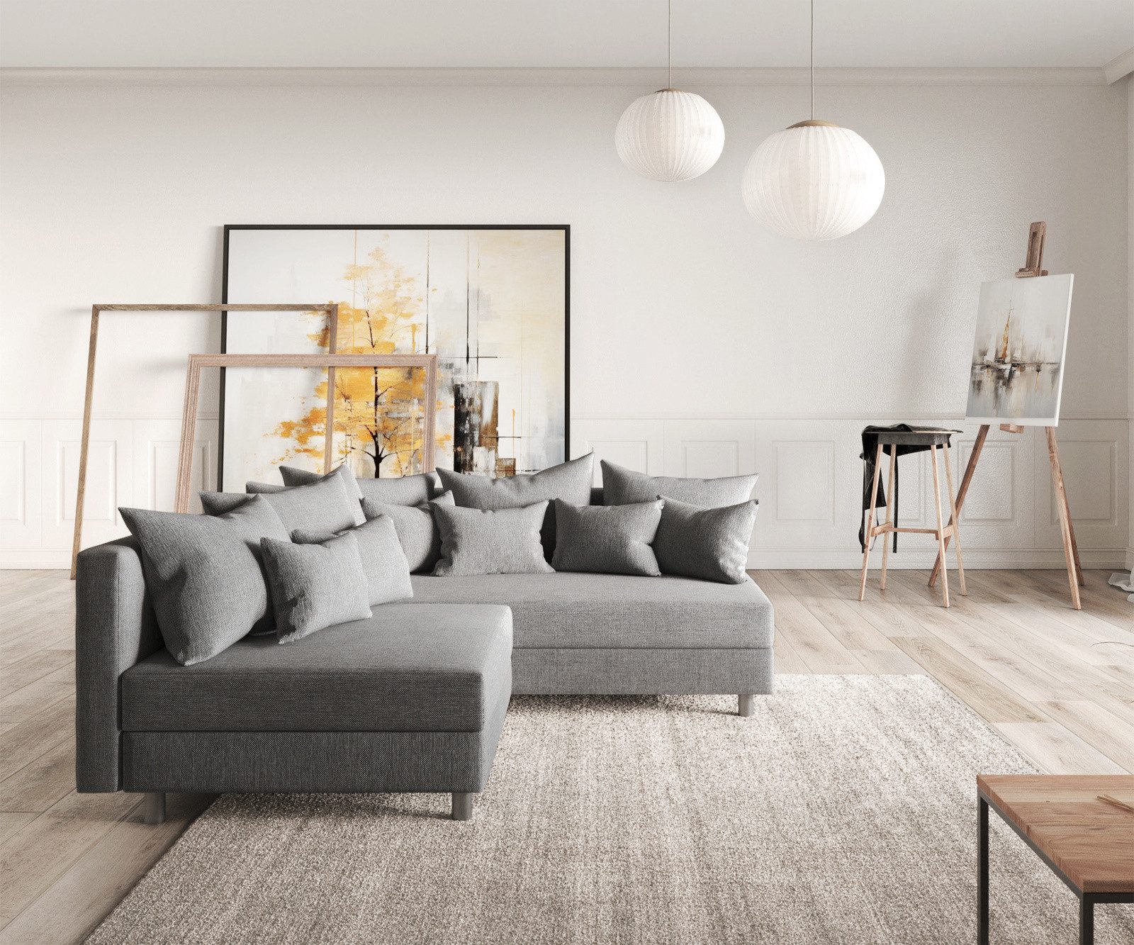 DELIFE Ecksofa Clovis, Grau Flachgewebe Ottomane günstig online kaufen