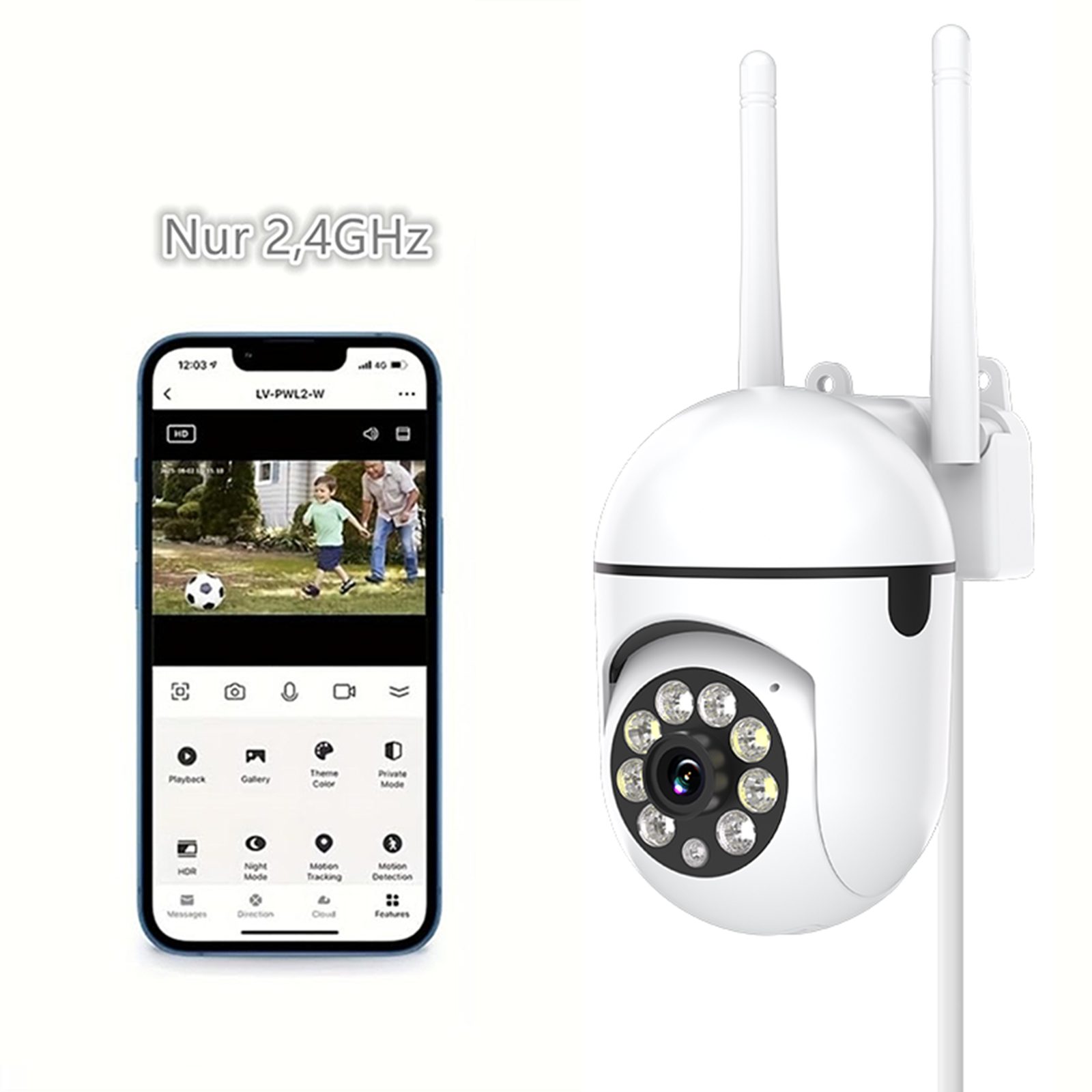 BoyKeep Überwachungskamera Y108 2,4 GHz WLAN 360 ° Schwenk-/Neigekamera (Außenbereich, 5-GHz-WLAN nicht unterstützt, Farbnachtsicht, Bewegungserkennung, 2-Wege-Audio, Micro SD)