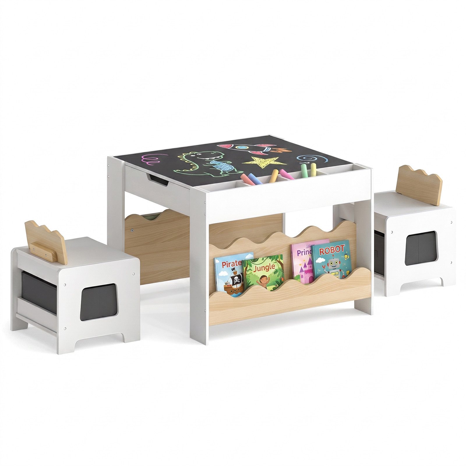 KOMFOTTEU Kindersitzgruppe, (3-tlg), Kindertisch mit 2 Stühlen, Bücherregal & Stoffschubladen