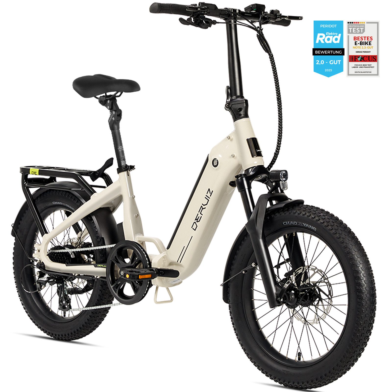 DERUIZ E-Bike Klapprad 20x3,0 Zoll, max. 140km, Federsattelstütze, mit Bluetooth, 5 Stufen, 8 Gang SHIMANO SHIMANO ALTUS 11-32T Schaltwerk, Kettenschaltung, Heckmotor, 500 Wh, (mit Akku-Ladegerät, mit Werkzeug), RH:36cm, Bremslicht, Gepäckträger (max.50kg), hydraulische Bremsen