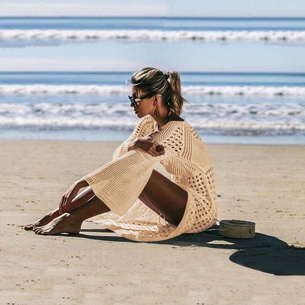 Langärmeliges gestricktem Beige Schlitz Strandkleid Orbeet mit Strandkleid Bikini-Überwurf
