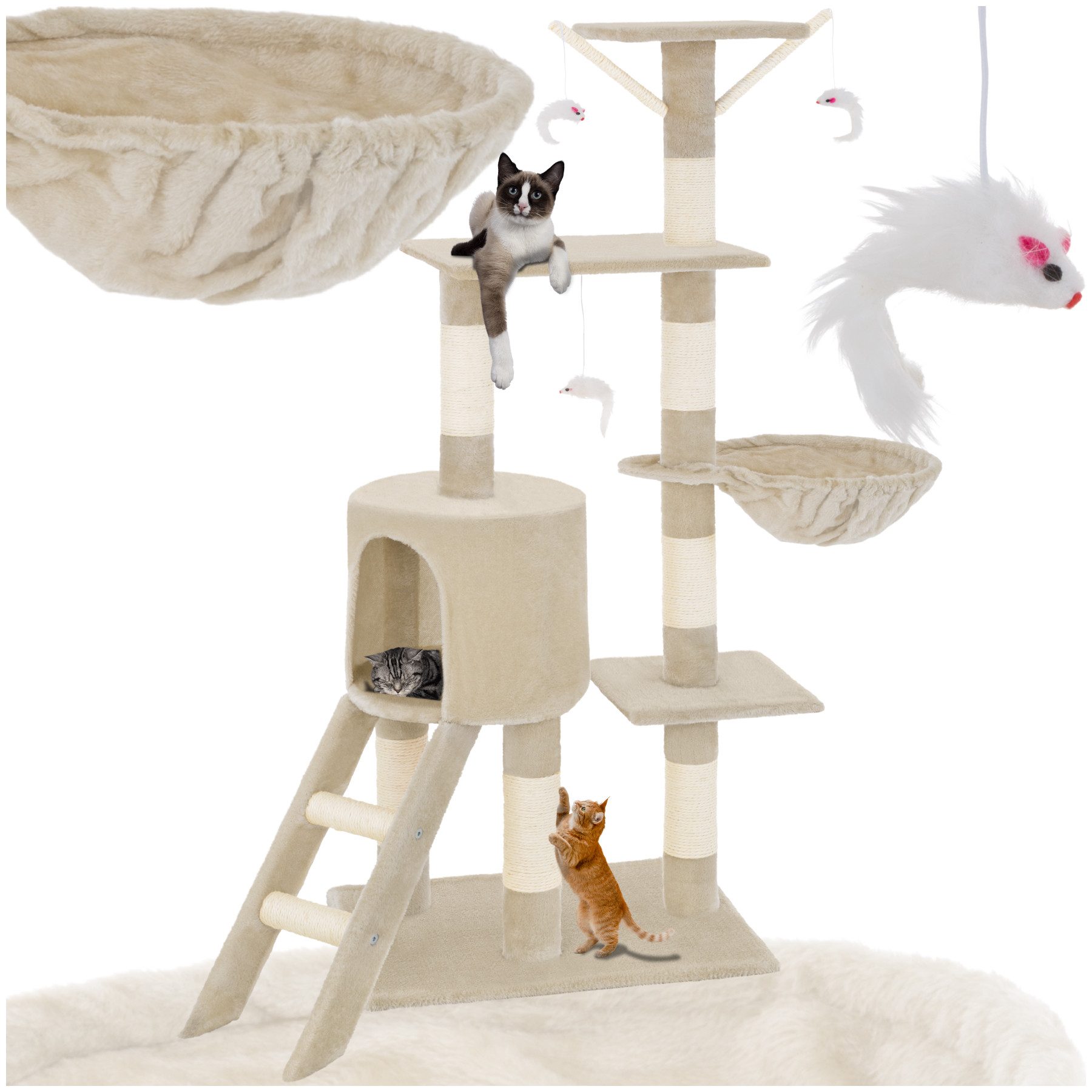 tectake Kratzbaum Katzenbaum Dominik 144 cm Diverse Farben Beige, Vielseitig mit robusten Sisalstangen und Plüschoberfläche
