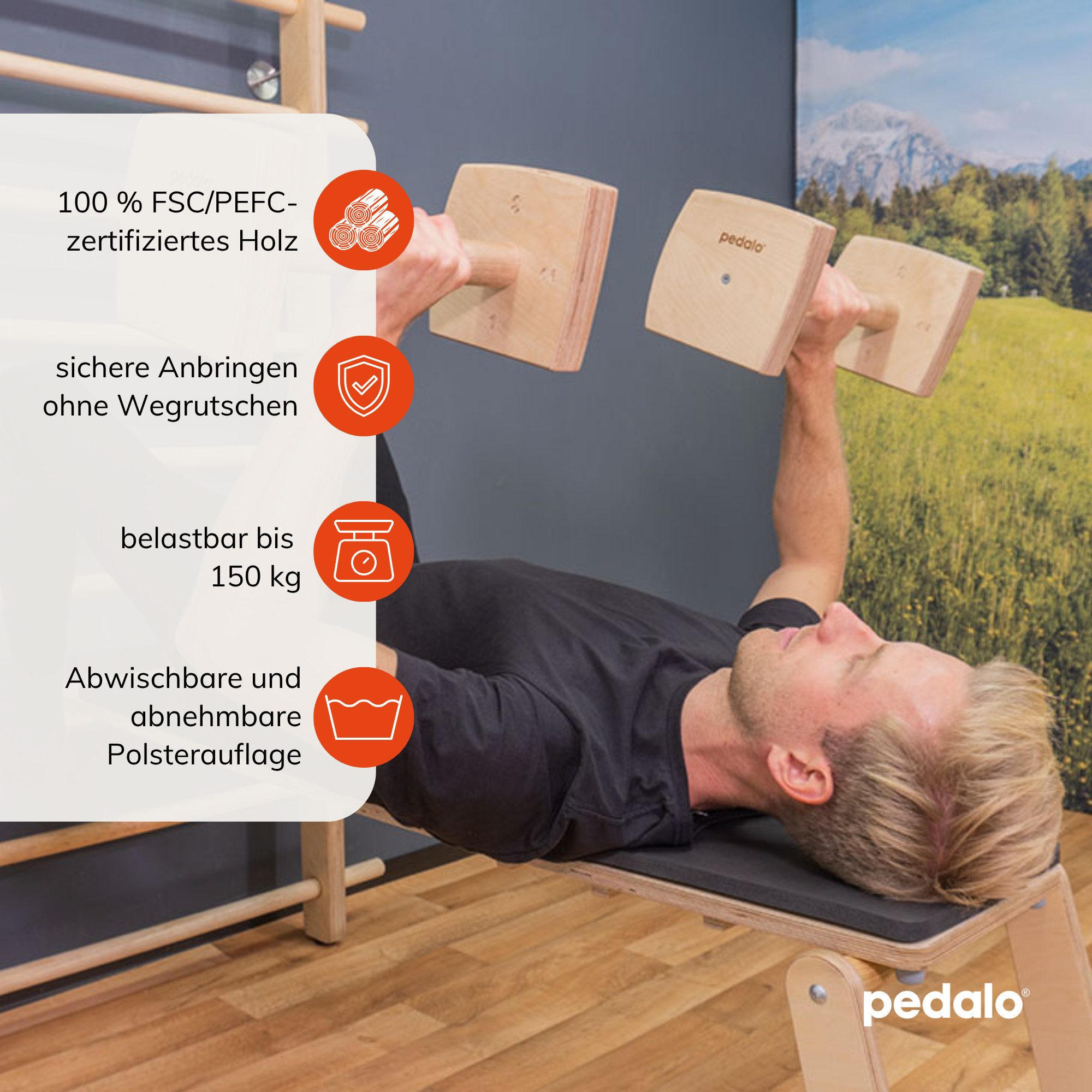 pedalo® Sprossenwand Schrägbrett I Hantelbank I Trainingsbank, (Universell passend an Sprossenwände), Polster abnehmbar, erweiterbar zur Trainingsbank