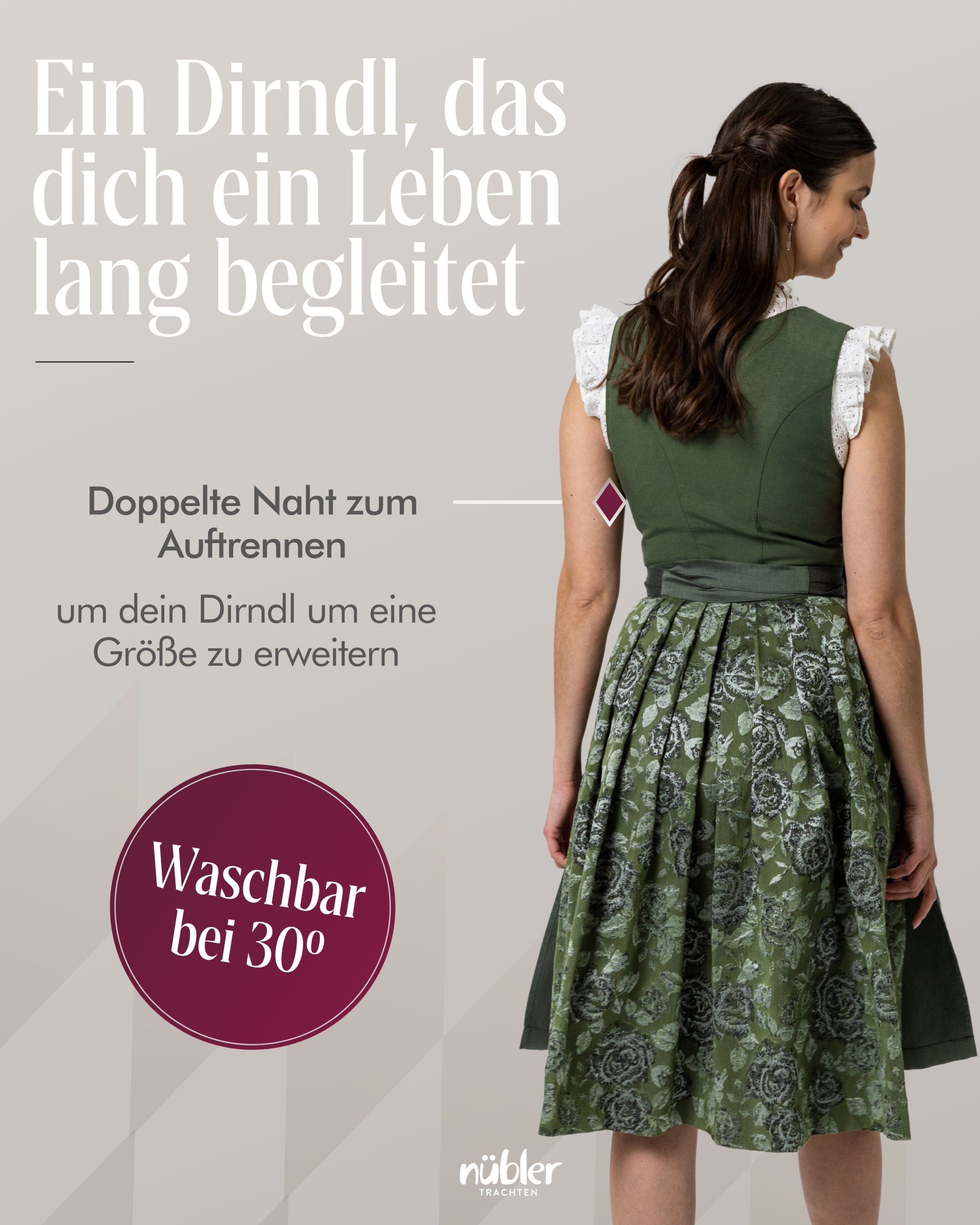 Nübler Dirndl Midi Dirndl Rezi in Oliv von Nübler - Rocklänge 70 cm