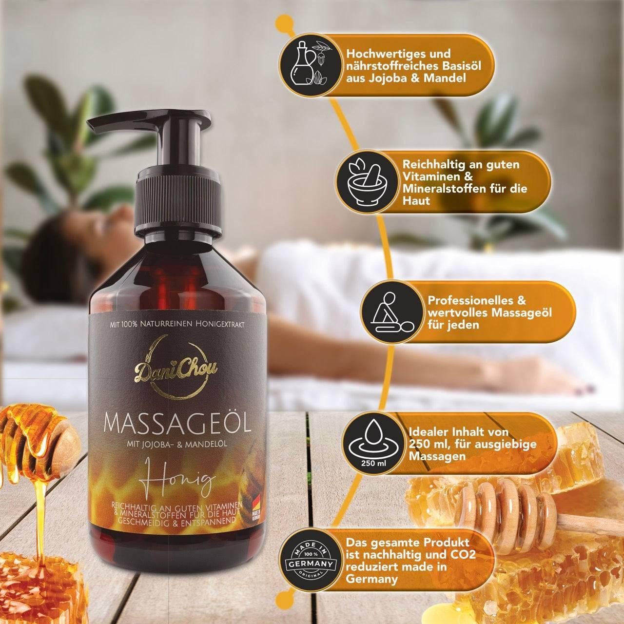 DaniChou Massageöl Honig 250 ml – Naturreiner Honigextrakt – Pflegendes Öl, geschmeidige Haut & tiefe Entspannung – Mit Jojoba- und Mandelöl, 1-tlg., – Hergestellt in Deutschland