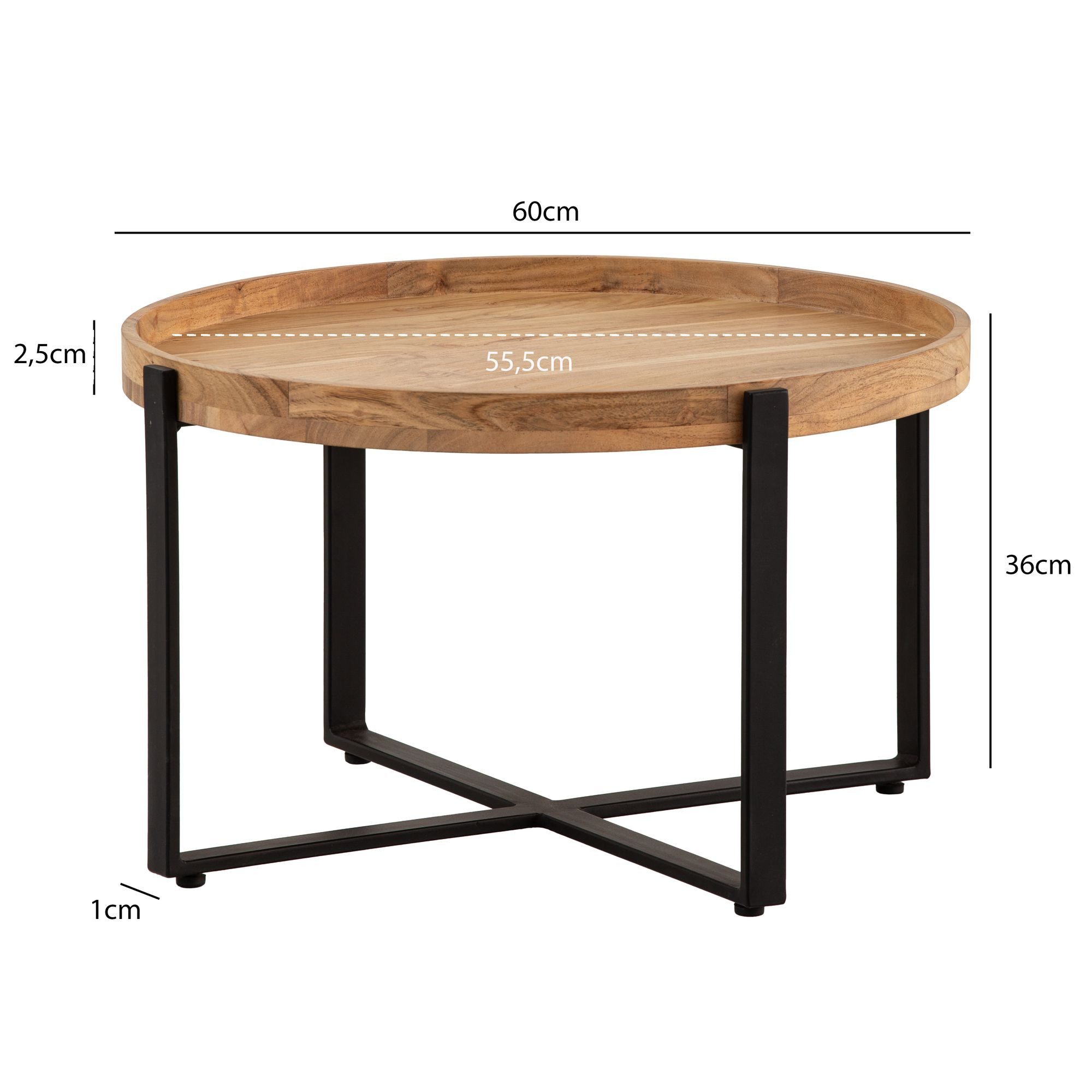 FINEBUY Couchtisch FB108491 Akazie Massivholz rund 60cm Wohnzimmertisch Kreuzgestell (60x60x36 cm Sofatisch Akazie Massivholz Modern), Wohnzimmertisch Rund Kaffeetisch Industrial