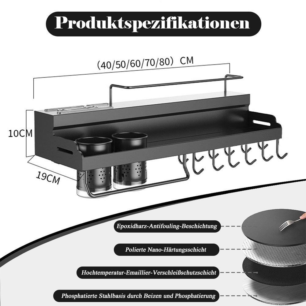 TUWENA Gewürzregal Gewürzregal Wand, GewürzregaleKüchenregal wand ohne Bohren, Gewürzregal Hängend mit Messerschlitz, 12 Haken, 2 Becher
