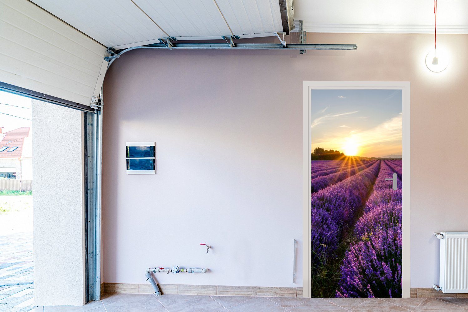 St), cm Lila, bedruckt, 75x205 - Blumen Lavendel Türaufkleber, Sonnenuntergang Fototapete für - MuchoWow (1 Tür, Türtapete - Matt,