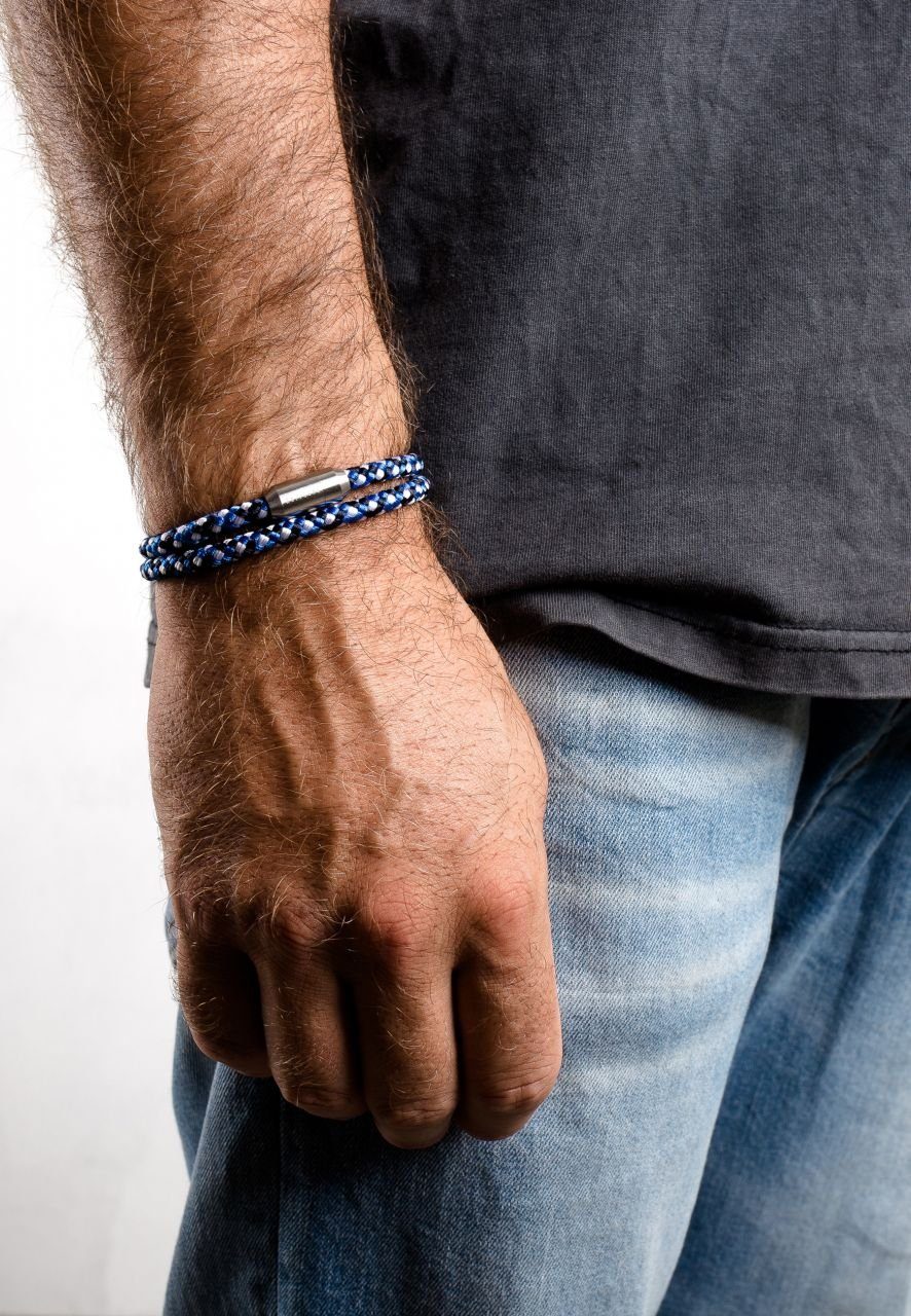 Akitsune Armband Mare Nylon Bracelet Mattsilber - Blau-Weiß 19 cm