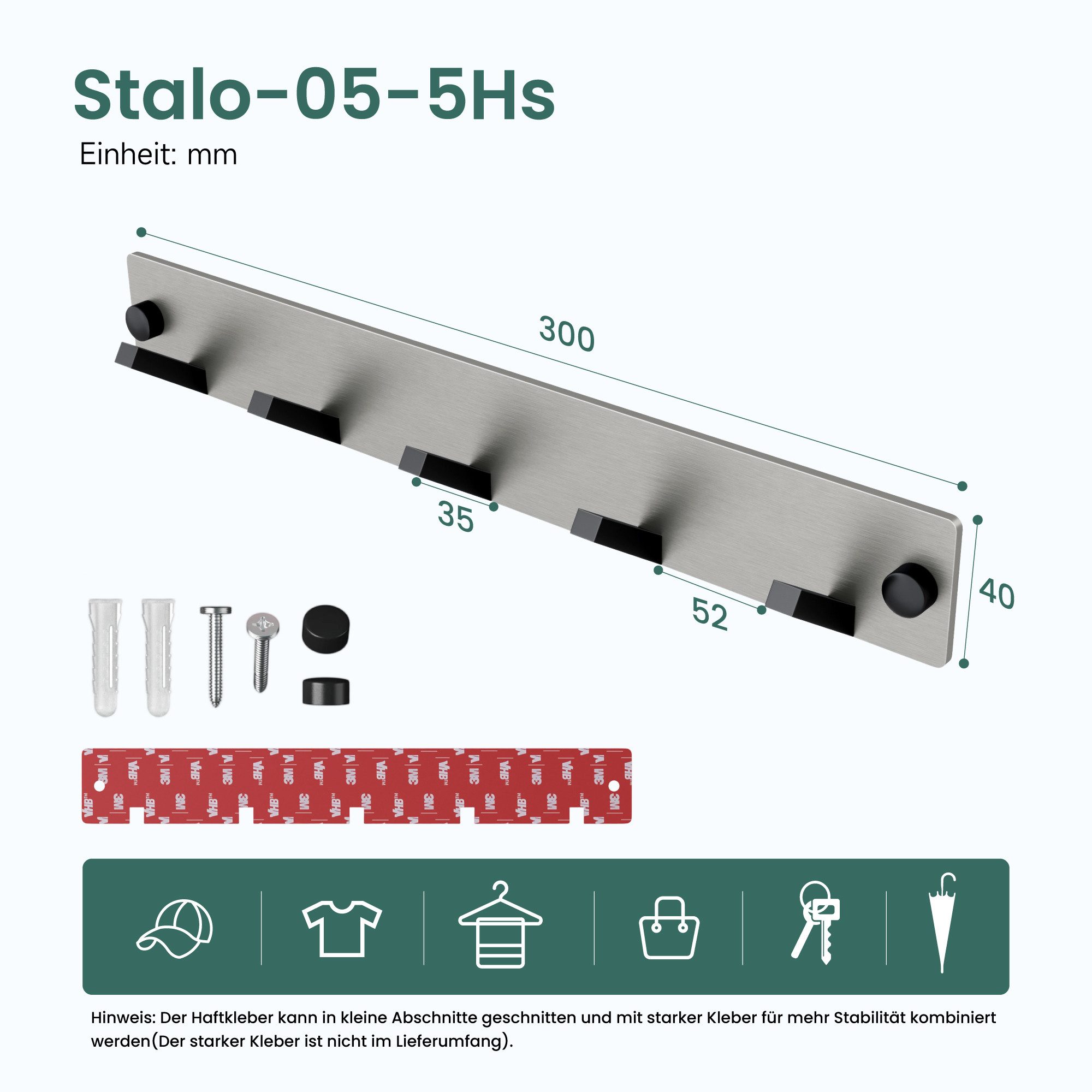Mai & Mai Wandgarderobe Kleiderhaken Garderobenleiste Wandhaken aus Edelstahl 5 Haken Stalo-05