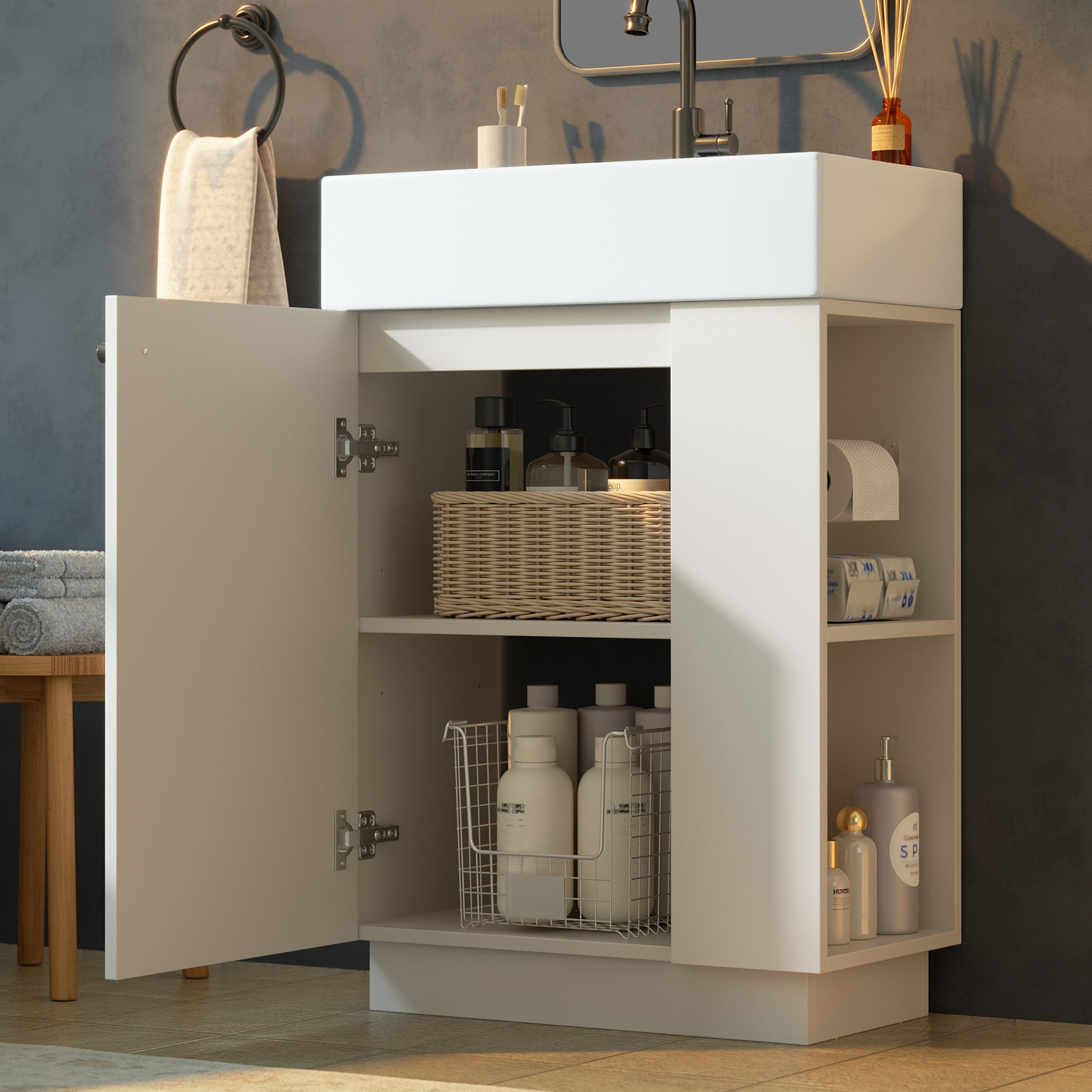 Merax Waschtisch mit Waschbecken, Badmöbel freistehend, geriffelte Holzoptik (55×32×87cm, 1-St., Unterschrank ohne Wasserhahn), Badzimmerschrank mit Soft-Close Tür, Stauraum & Toilettenpapierhalter