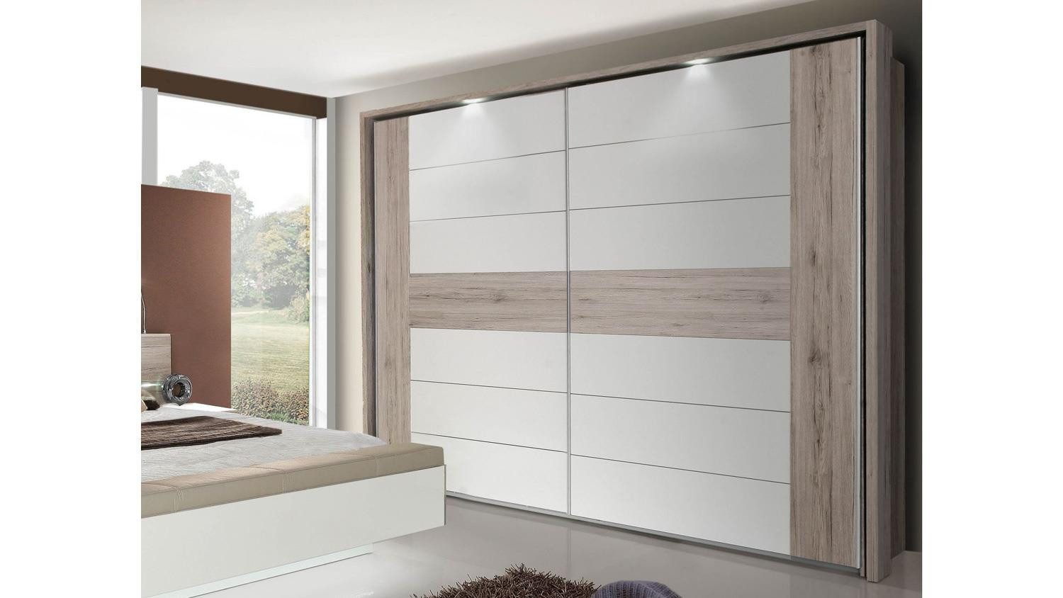 FORTE Schlafzimmer-Set Schlafzimmer Set 3 Rondino Sandeiche weiß Hochglanz mit LED 180x200 cm