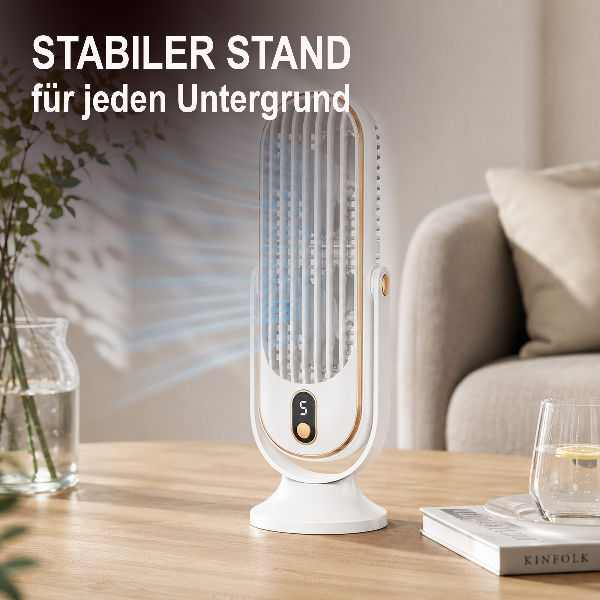 Bestlivings Tischventilator Akku 5 Stufen 360° neigbar, leise (22 dB), Dual-Rotor, LED Display, USB-C Kabel