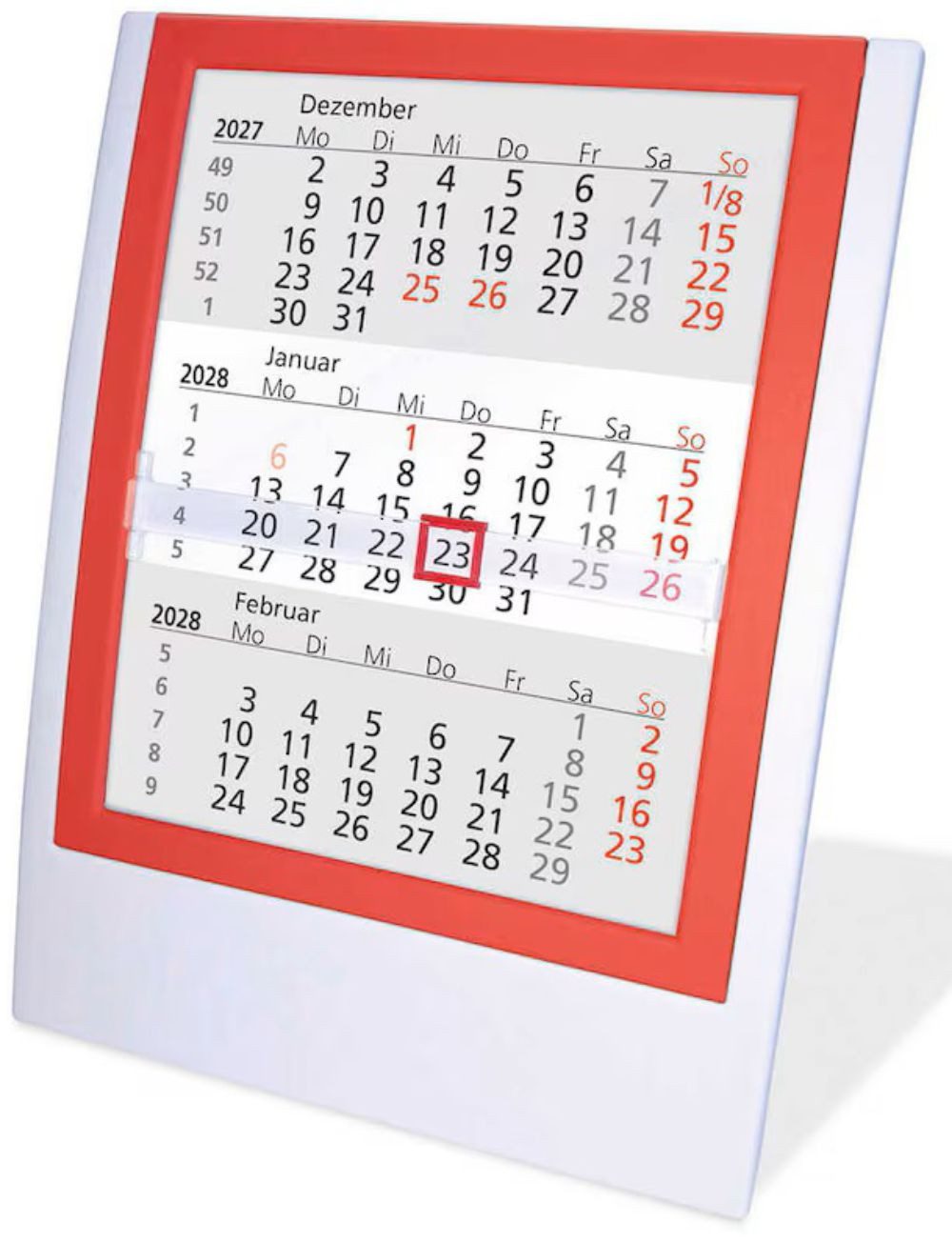 Terminkalender 3-Monats-Tischkalender, Wandkalender 2027/2028 weiß-rot (1-tlg)
