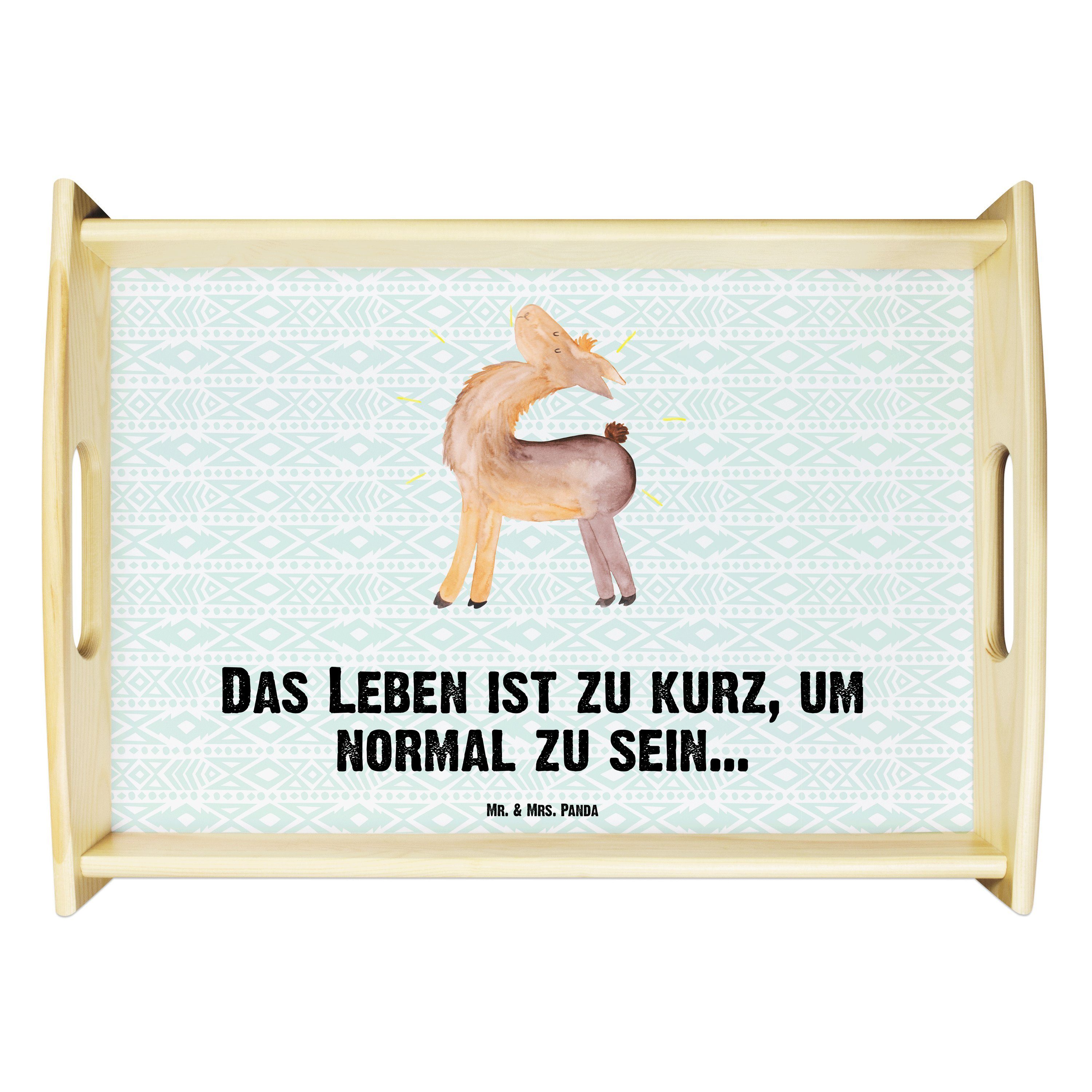Mr. & Mrs. Panda Tablett Lama stolz - Aztekenblau - Geschenk, Holztablett, Anders, Frühstückst, Echtholz lasiert, (1-tlg)