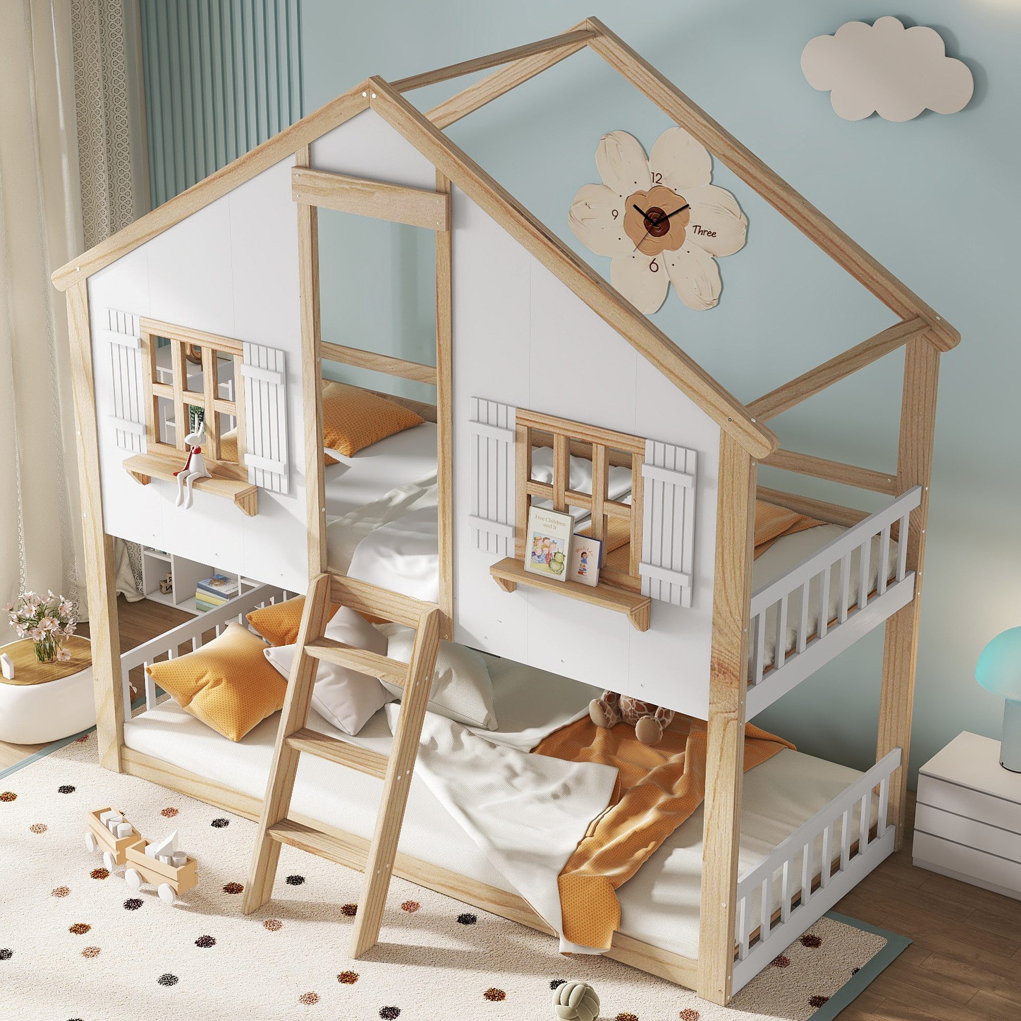 Merax Etagenbett Stockbett (1-St., Jugendbett Doppelbett Hausbett), Kiefer Kinderbett 90x200cm mit Dach, Fenstern, Geländer & Schrägleiter – Bild 3 von 5
