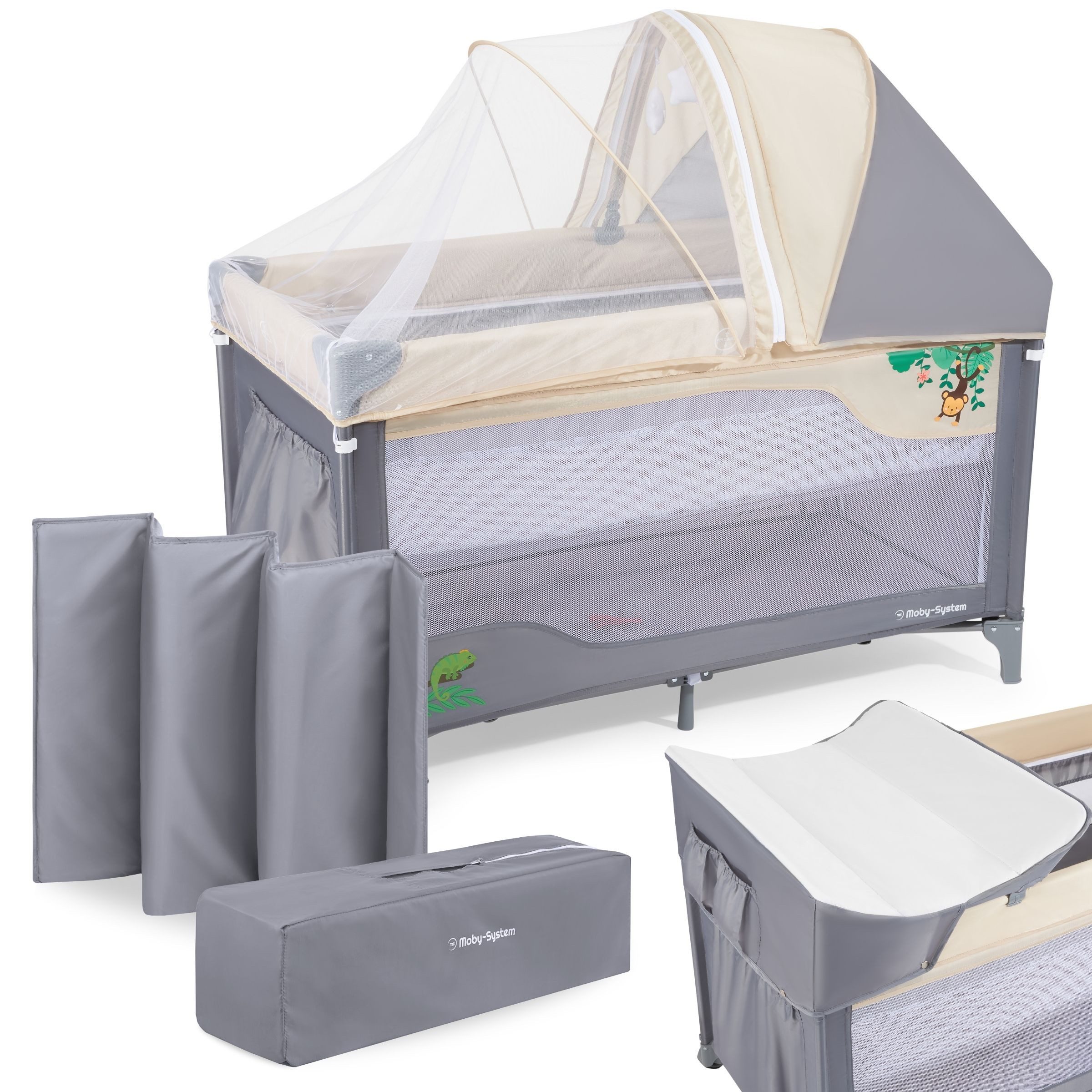 Moby-System Baby-Reisebett Kinderreisebett HUXLEY, 0 – 36 M. mit Wickelbrett + Laufgitter