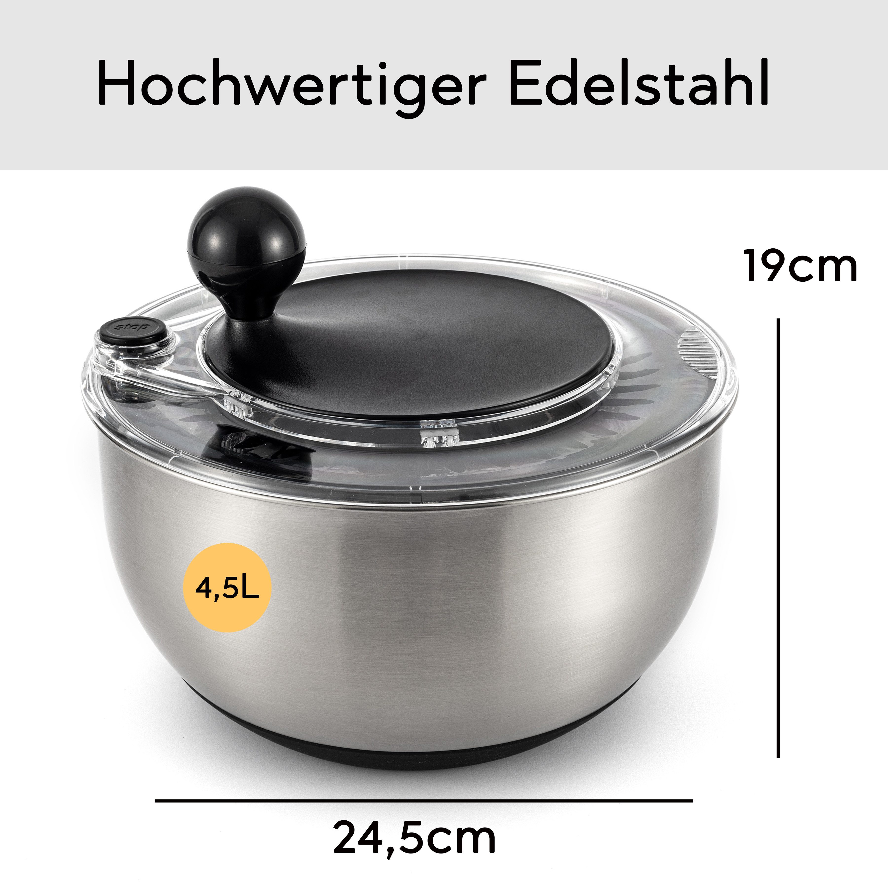Hanseküche Salatschleuder Salatschleuder, (BPA-freier Salad Spinner, 1-tlg., Schleudern, Servieren und Aufbewahren), Großes Fassungsvermögen von 4,5 Litern mit Kurbelantrieb