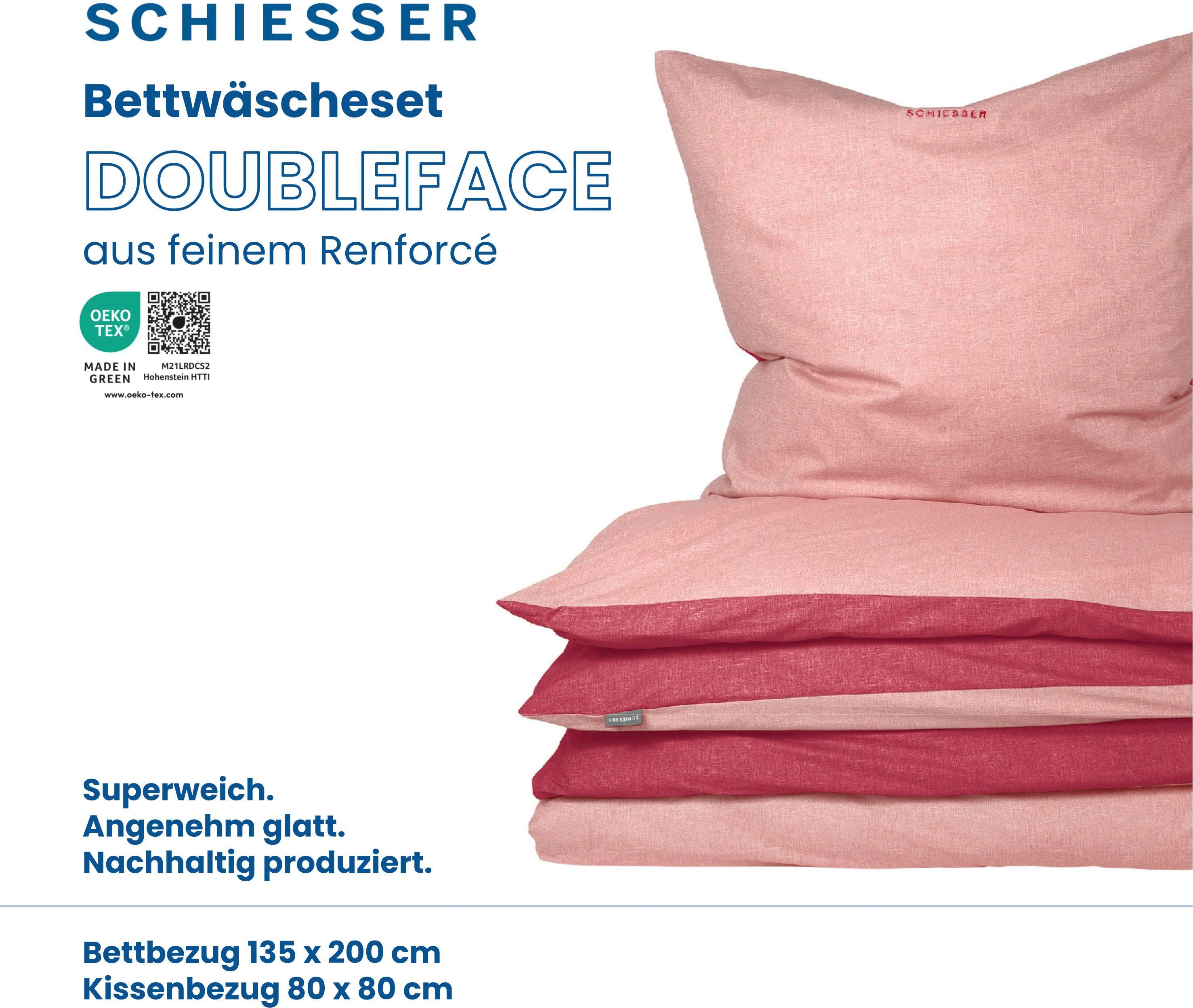 teilig, 2 Puderrosa Schiesser, Reißverschluss Doubleface, Logostickerei und und Renforcé, Wendebettwäsche mit Beere