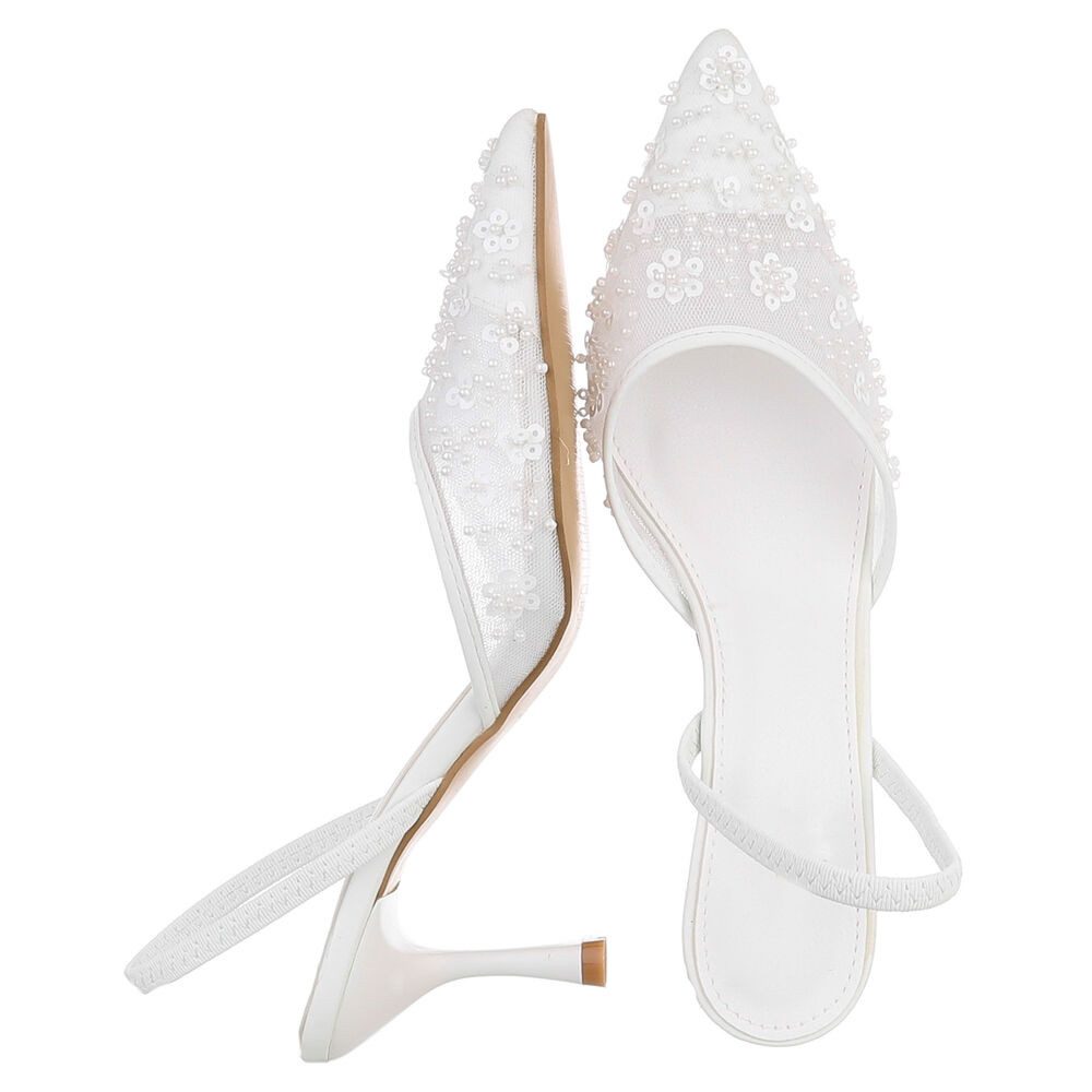 Ital-Design Damen Slingback-Pumps mit Blumenapplikation und Absatz Schnürpumps (92214447) Pfennig-/Stilettoabsatz Pumps in Weiß