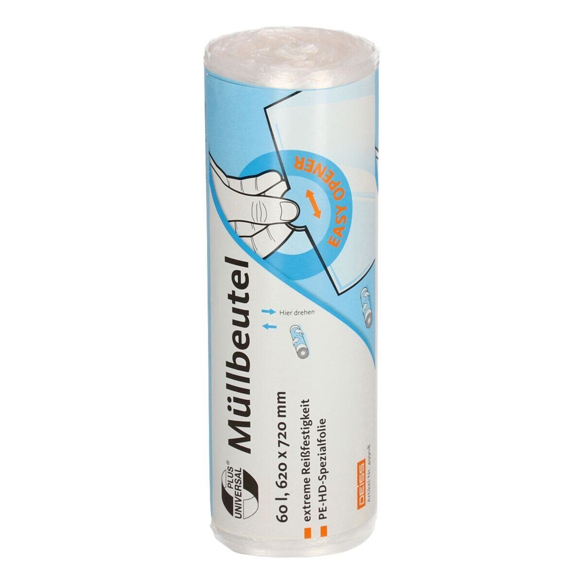 Deiss Müllbeutel UNIVERSAL PLUS®, extrem reißfest, 60 Liter, 50 Stück/Rolle, transparent