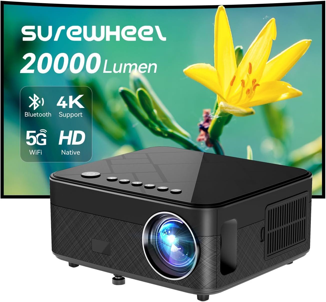 SUREWHEEL WiFi SW10 Native 1080P Unterstützt 4K Video Portabler Projektor (20000 lm, 10000:1, 1920*1080 px, kompatibe Bluetooth/TV-Stick/HDMI/USB/Telefon/Tablet/Spielekonsole)
