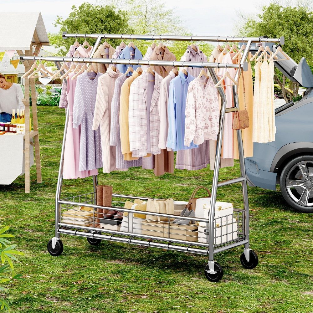 Klyvvo Kleiderständer auf Rollen mit Doppelstange & Netzkorb, 200 kg Schwerlast-Tragkraft, (1 St), reichlich Stauraum für Kleidung & Accessoires